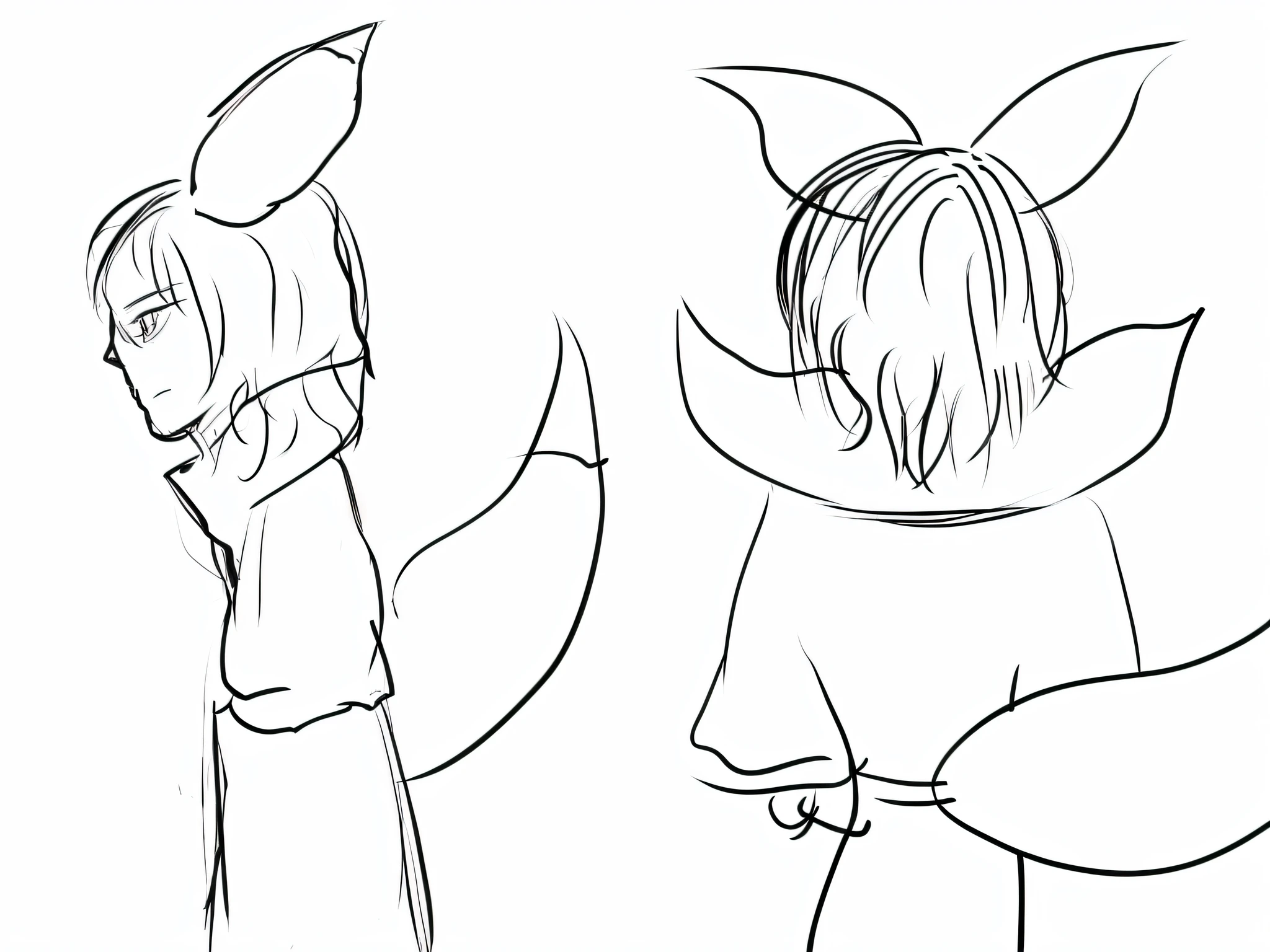 Sketches of a man with wolf ears and an identical man, respectively, the back and sides of the character, thick line art, clean anime silhouette, simple line art, thick silhouette, clean line art, long soft rabbit ears, thick black line art, line art, fox ears, bold line art, fox ear illustration, perfect line art, rough line art, variable line art, rough art style side and back detail portrayal
