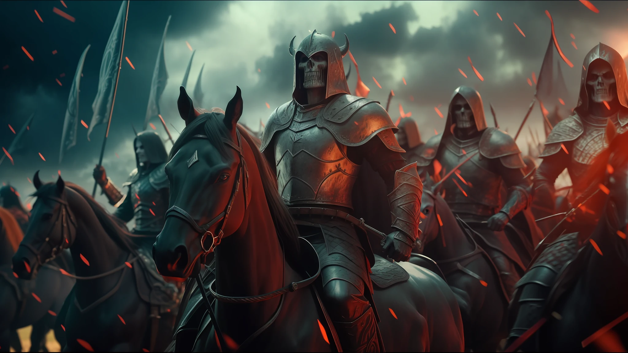 Arafed image of a group of people riding horses in a field, Elden Ring cinematic lighting, undead soldiers in the background, heavy metal band promotion, animation screenshot, khorne, black shirt under armor, movie trailer, bw 3 d render, rivers of blood, dark castle background