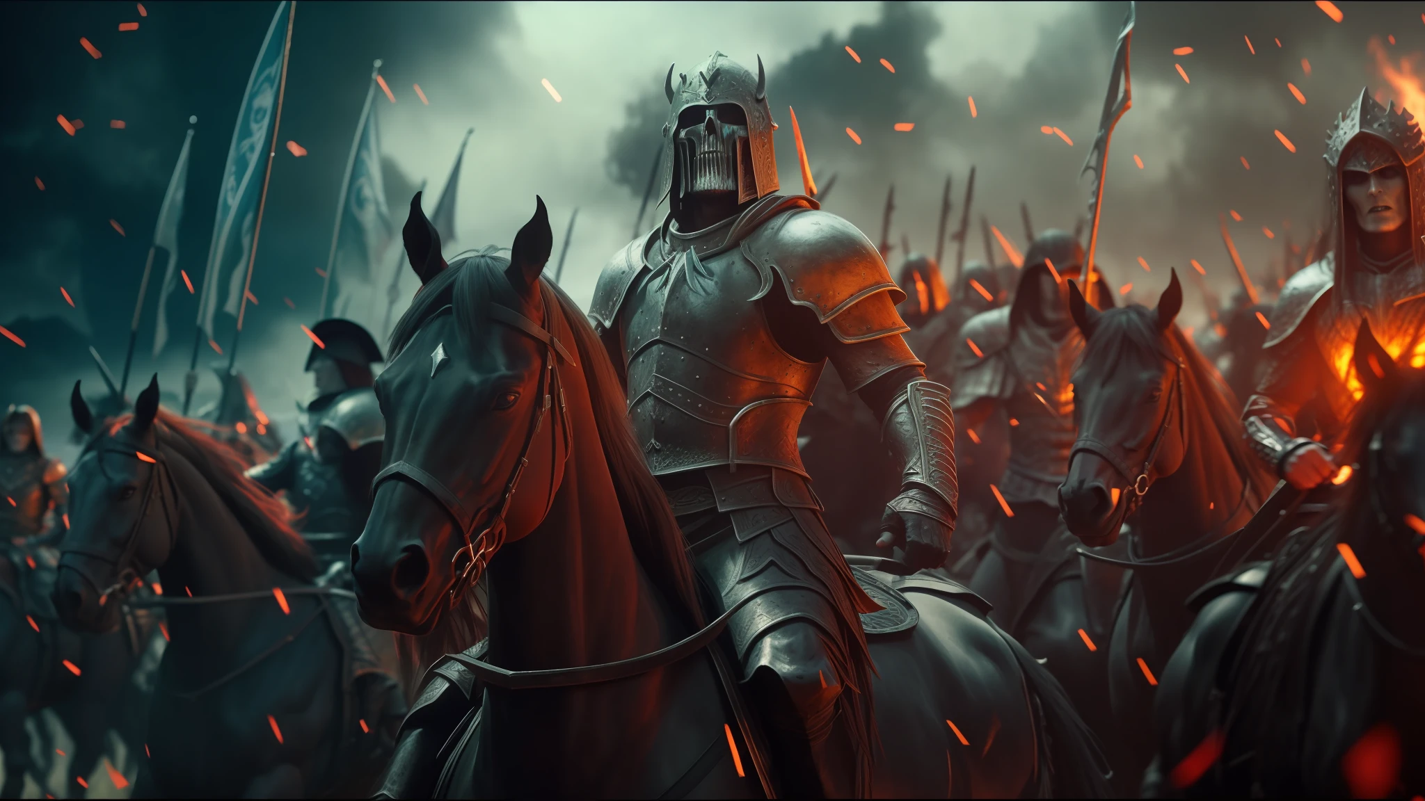 Arafed image of a group of people riding horses in a field, Elden Ring cinematic lighting, undead soldiers in the background, heavy metal band promotion, animation screenshot, khorne, black shirt under armor, movie trailer, bw 3 d render, rivers of blood, dark castle background
