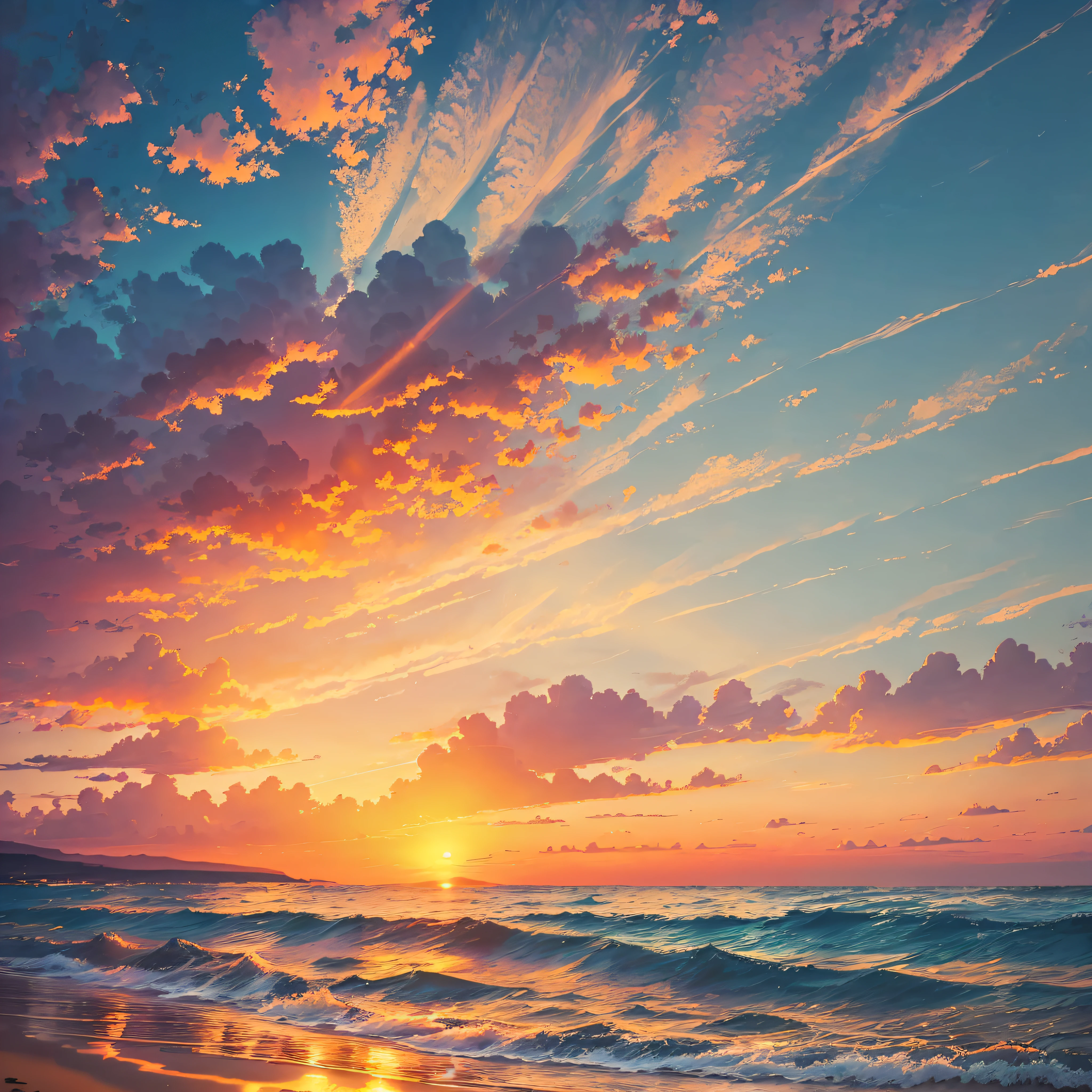 (sunset atmosphere), gentle waves, early sunset (light and colors), artistic, masterpiece. --auto --s2
