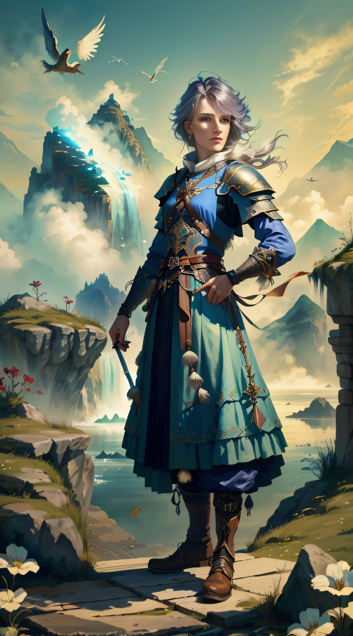 Painting of woman in blue dress standing on bridge, Morebach, Portrait of fantasy genre, long blonde hair, big sword on his back, Epic Fine Character Art, Portrait of an Adventurer, Epic RPG Portrait, Peter Molbach style, Epic Fantasy Digital Art Style, Portrait of a Fantasy Person, Peter Molbach C 2 0, Elementalist, Complete portrait of Peter Molbach and Takayak