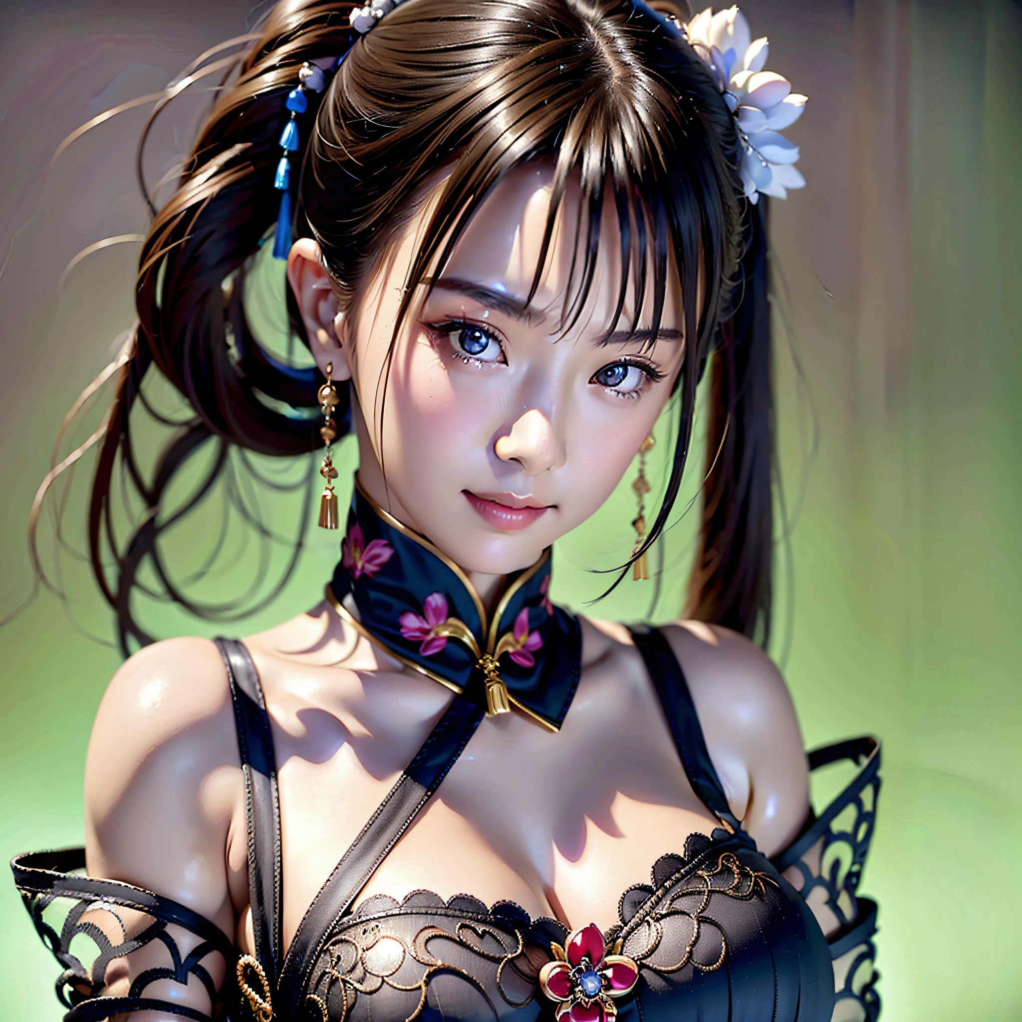 A chinese girl, 18 years old back orchid tattoo, full body drawing, open back, beautiful eyes, real face, real skin, realistic face, realistic skin, detailed eyes, detailed facial features, detailed clothing features, fashion hairstyle, dynamic pose, looking at the audience, simple background, smile, detailed face, double eyelids,