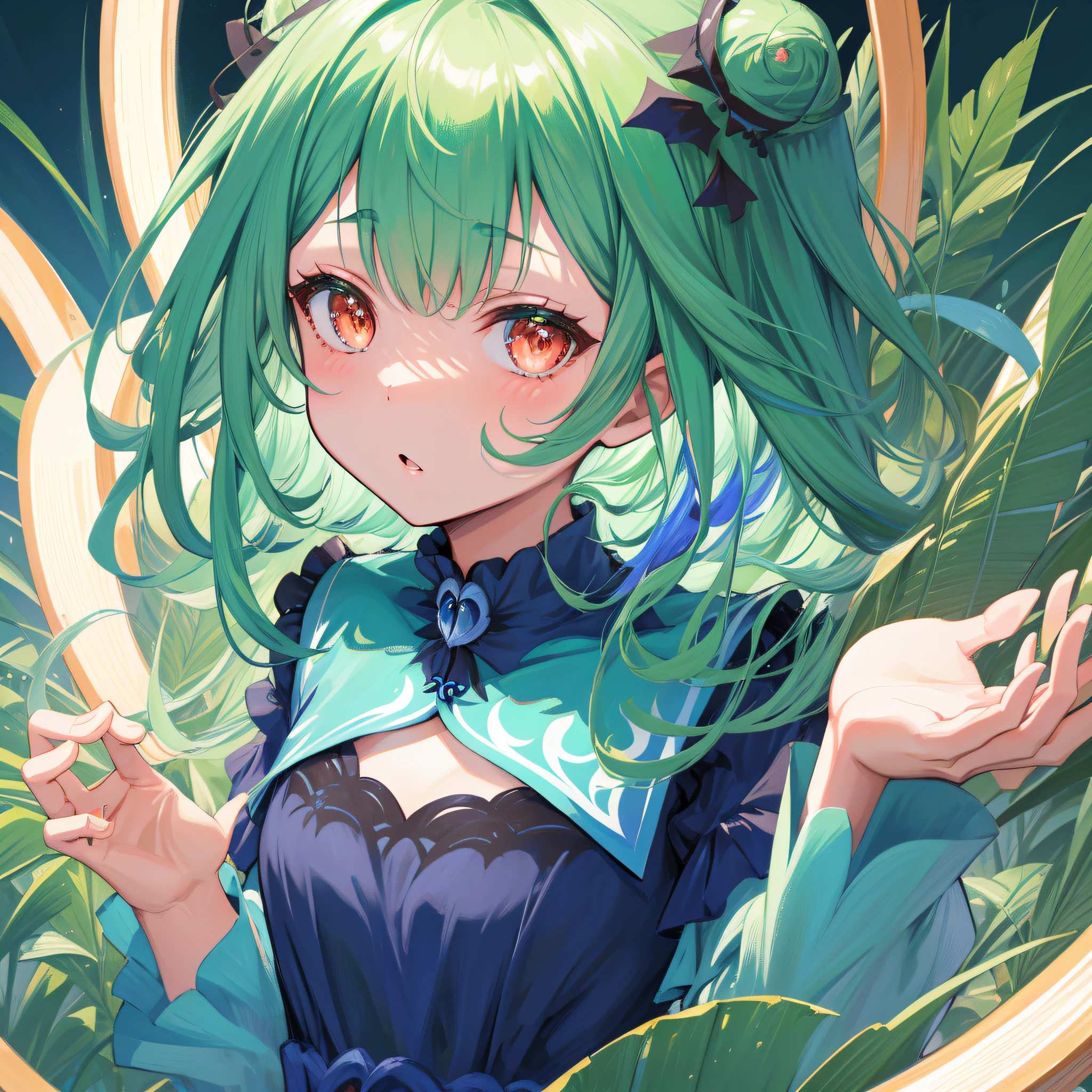 (人物: Uruha Rushia), {green hair},  (masterpiece:1.2), 1girl, solo, best quality, shiny skin, hyper detailed ultra high res, cute, looking at viewer, extremely detailed wallpaper, close up portrait