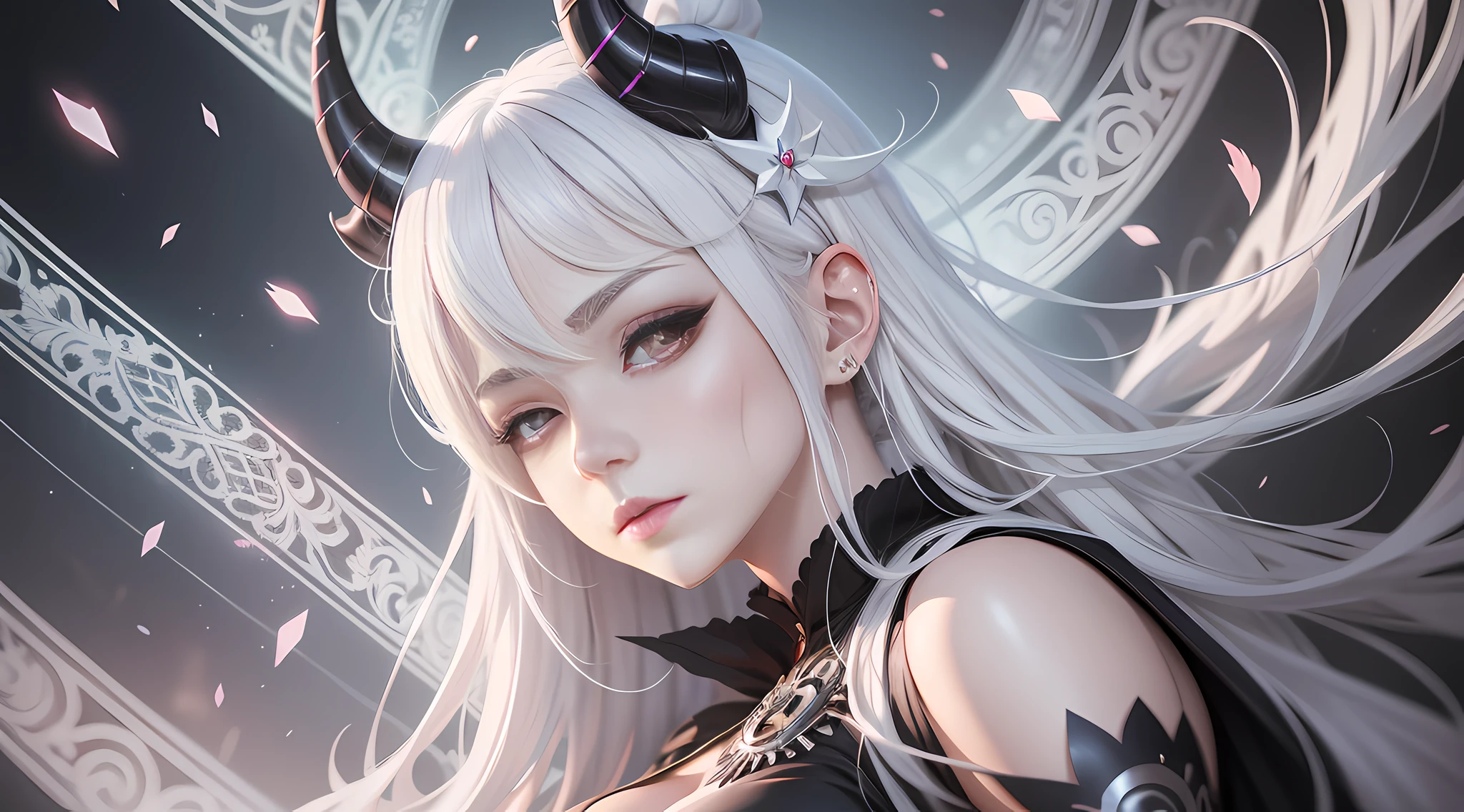 anime girl with white hair and horns in a black dress, detailed digital anime art, anime art wallpaper 8 k, white haired deity, anime fantasy artwork, beautiful fantasy anime, anime fantasy illustration, anime art wallpaper 4 k, anime art wallpaper 4k, guweiz on pixiv artstation, guweiz on artstation pixiv, detailed anime art