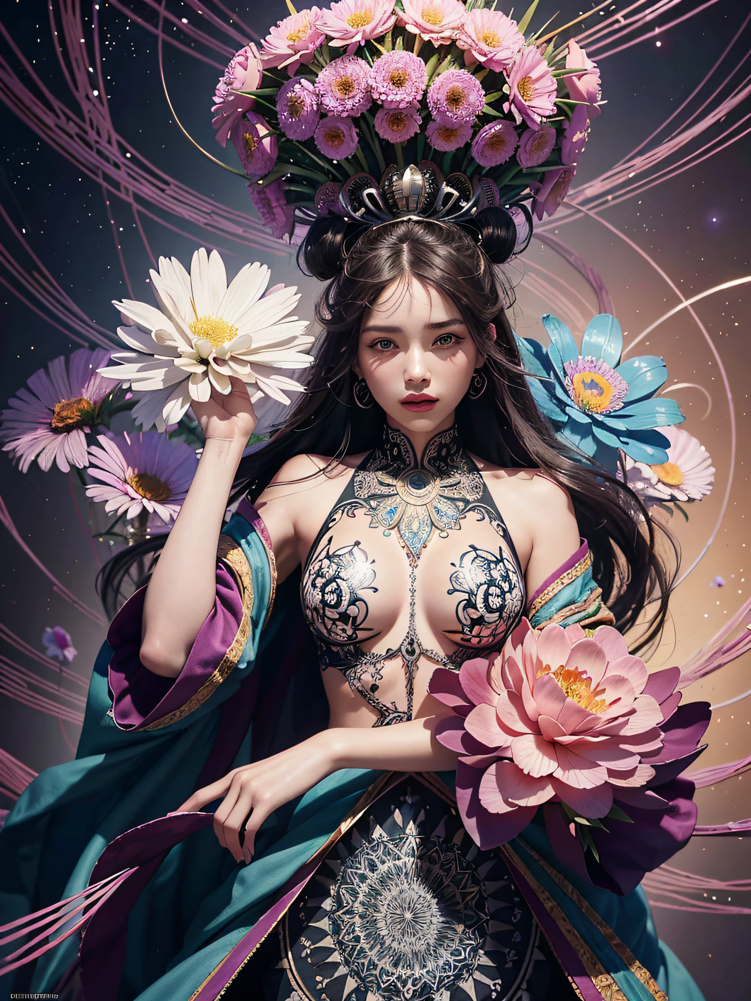 Official Art, Unity 8K Wallpaper, Ultra Detailed, Beautiful Aesthetic, Beautiful, Masterpiece, Best Quality, (Zentangle, Mandala, Entanglement), (Flower Ecstasy:1.2), Dynamic Angle, Cowboy Shot, The Most Beautiful Form of Chaos, Elegant, Brutalist Design, Vibrant Color, Romanticism, Atmosphere random color shiny latex