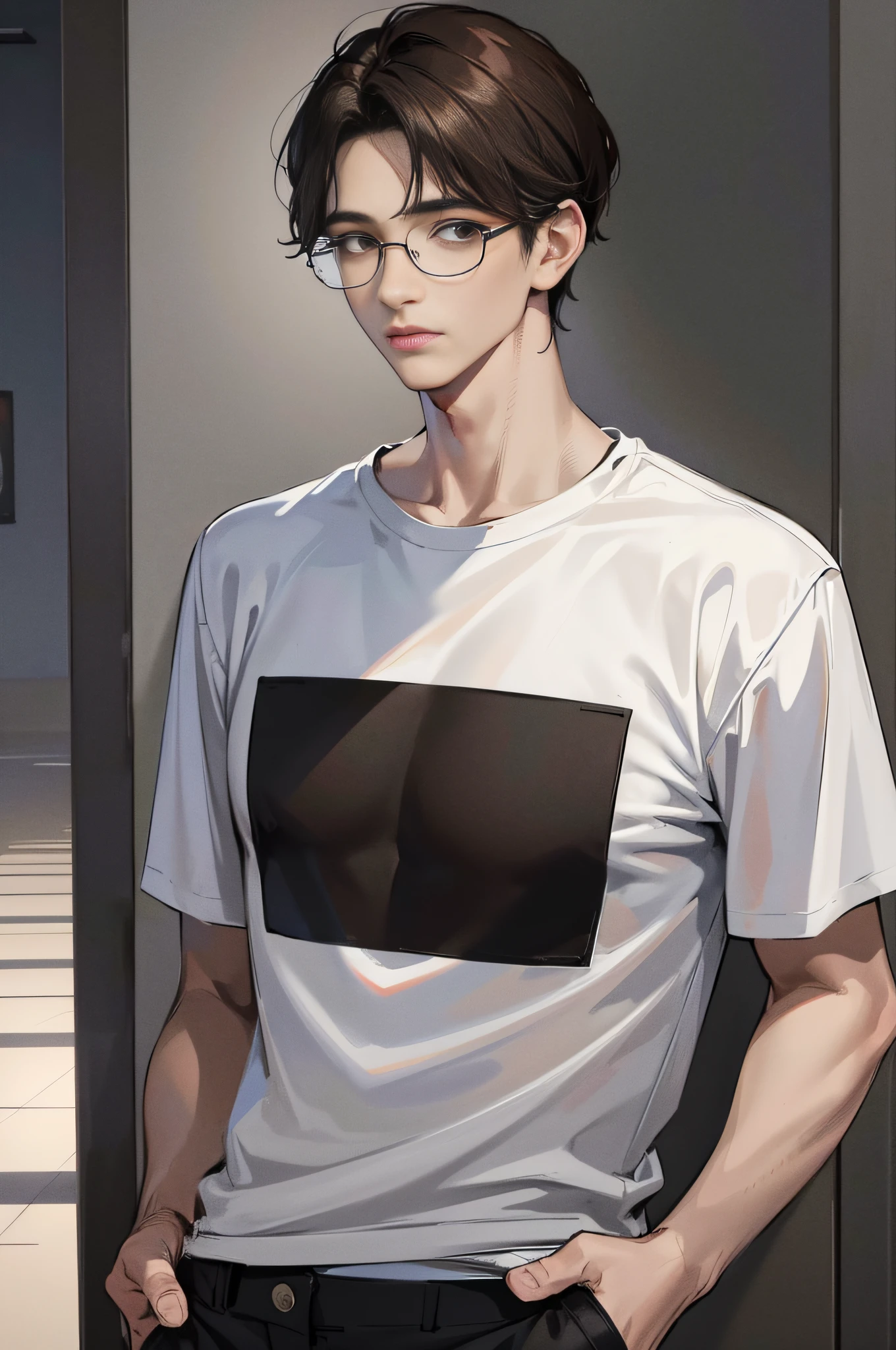 (highest resolution, distinct_image), brown pupils, brown eyes, wearing glasses, best picture quality, male god masterpiece, high detail, semi-realistic, short black hair, black hair, bangs, 18 years old, mature, young, urban elite, tall, white shirt, black pants, solid color background, cold, tall handsome, authoritative, powerful, delicate facial features, delicate facial features, sad atmosphere, simple background