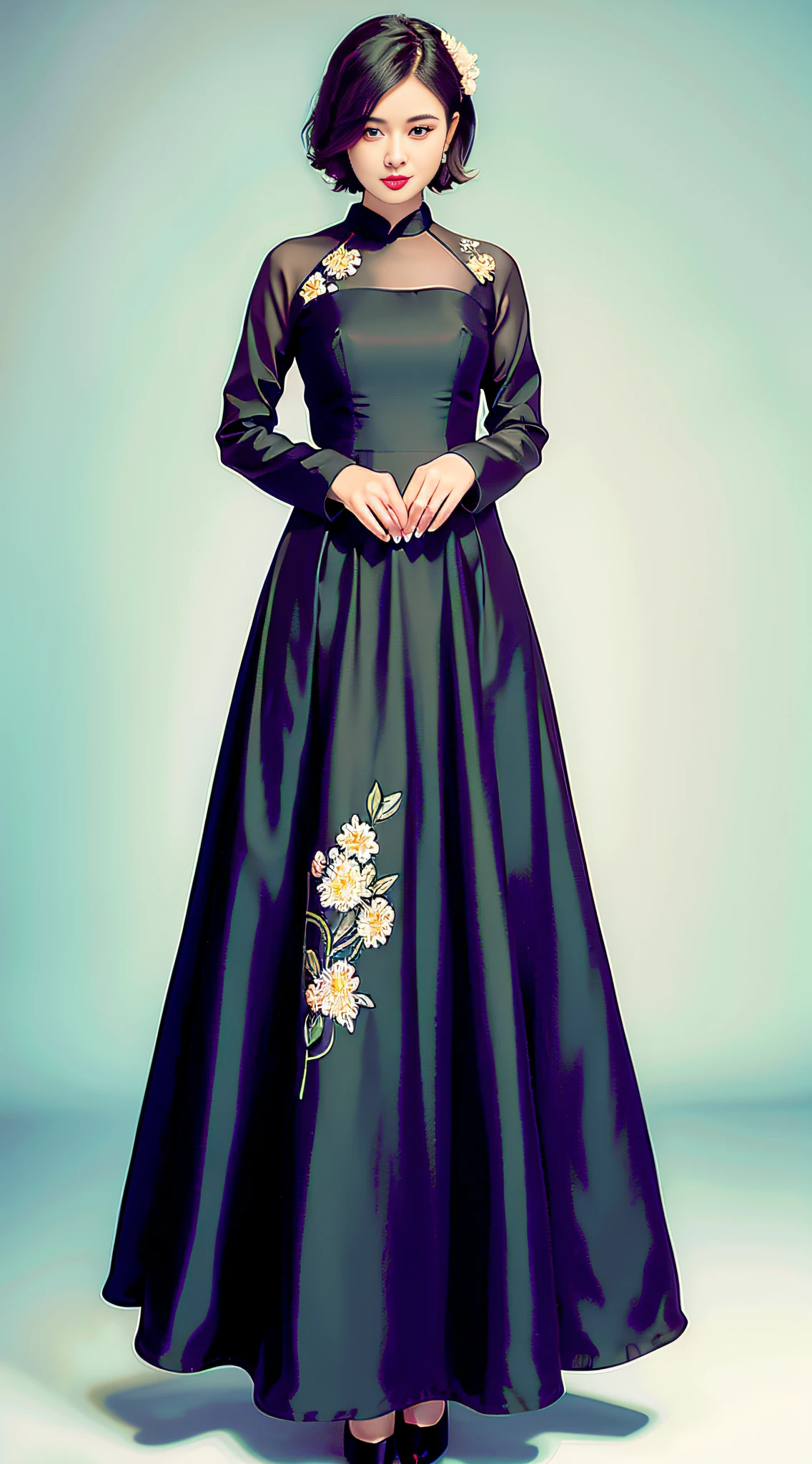 Photo of woman in black long dress with floral pattern, best quality, masterpiece, (realism: 1.2), short hair, high heels, front, full body, standing