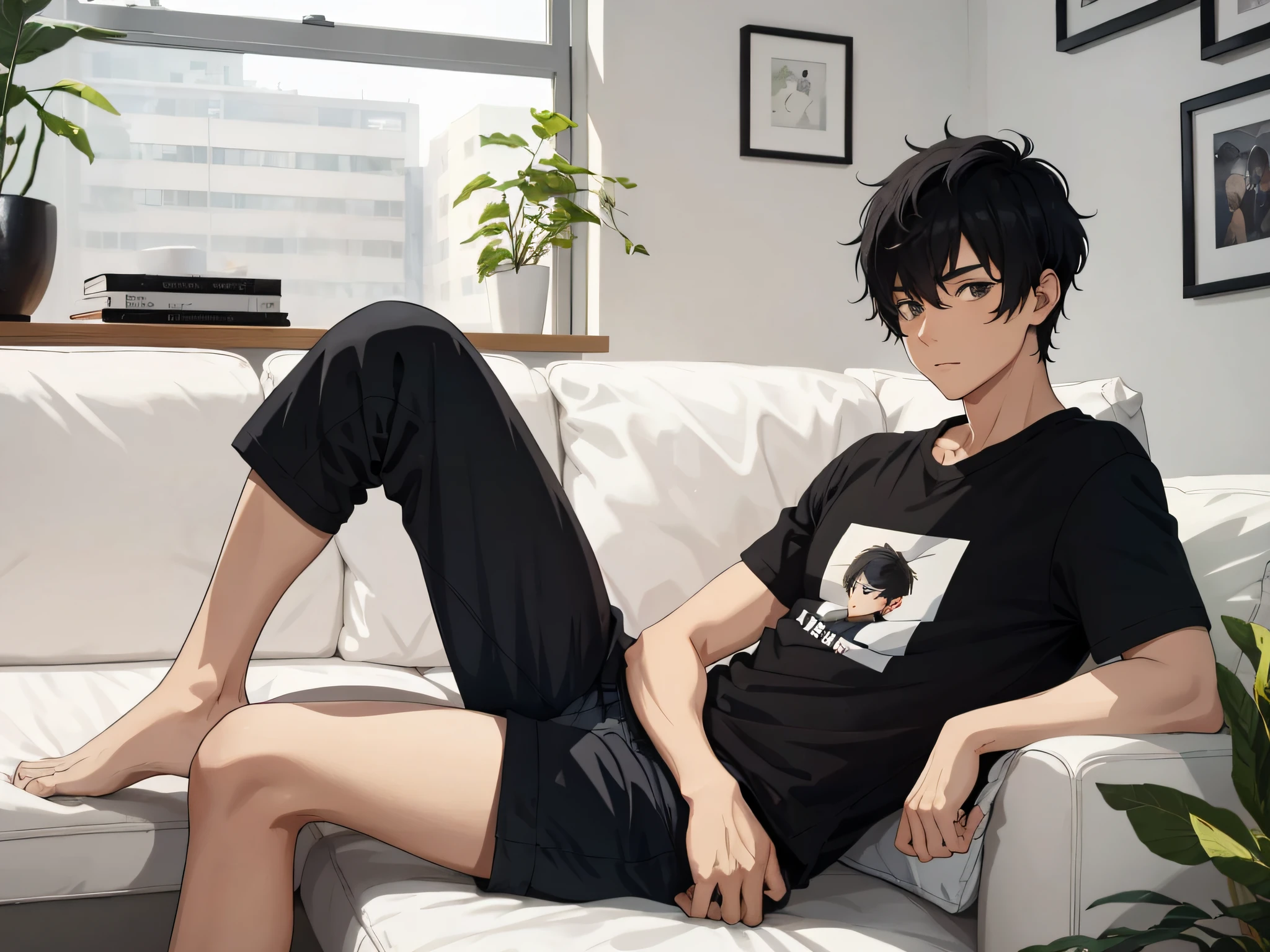 A young man with short black hair wearing a T-shirt sits on the sofa with his legs,