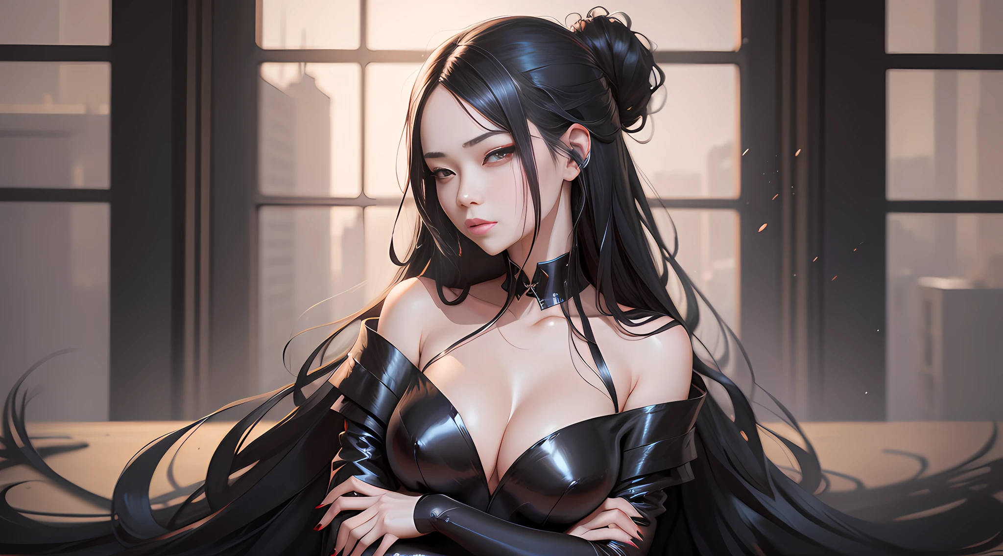 painting of a woman with long black hair and a black dress, artwork in the style of guweiz, inspired by Yanjun Cheng, by Yanjun Cheng, guweiz, ross tran 8 k, by Li Song, inspired by WLOP, by Yang J, guweiz masterpiece, by Lin Liang, guweiz on artstation pixiv