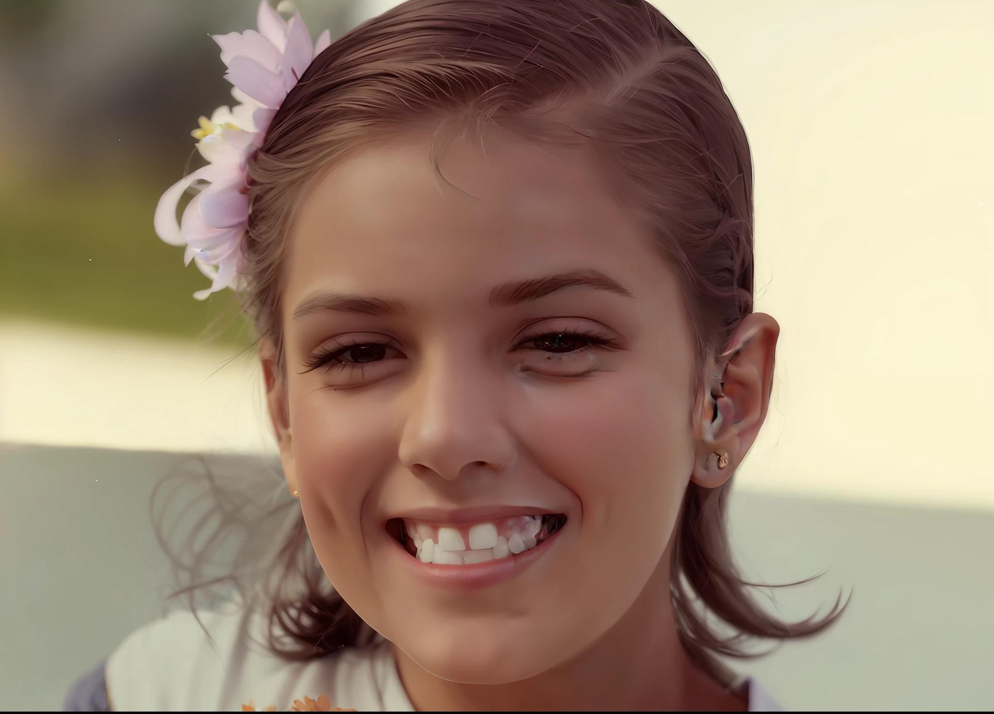beautiful and smiling girl, sweet smile, big smile on face, taken in the early 1990s, flower in hair, UHD, anatomically correct, textured skin, super detail, best quality, 8k