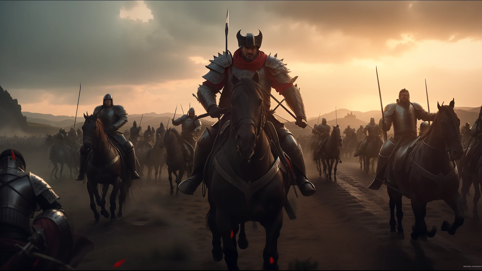 arafada image of a group of men in armor with swords, horses, cinematic panoramic plane, by Karel Havlíček, rows of razor-sharp teeth, 3D cinematic lighting, inspired by István Szőnyi, rain of blood, standing on the battlefield, by Ivan Meštrović, promotional rendering