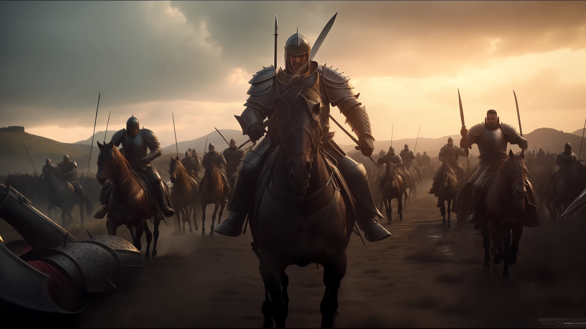 arafada image of a group of men in armor with swords, horses, cinematic panoramic plane, by Karel Havlíček, rows of razor-sharp teeth, 3D cinematic lighting, inspired by István Szőnyi, rain of blood, standing on the battlefield, by Ivan Meštrović, promotional rendering