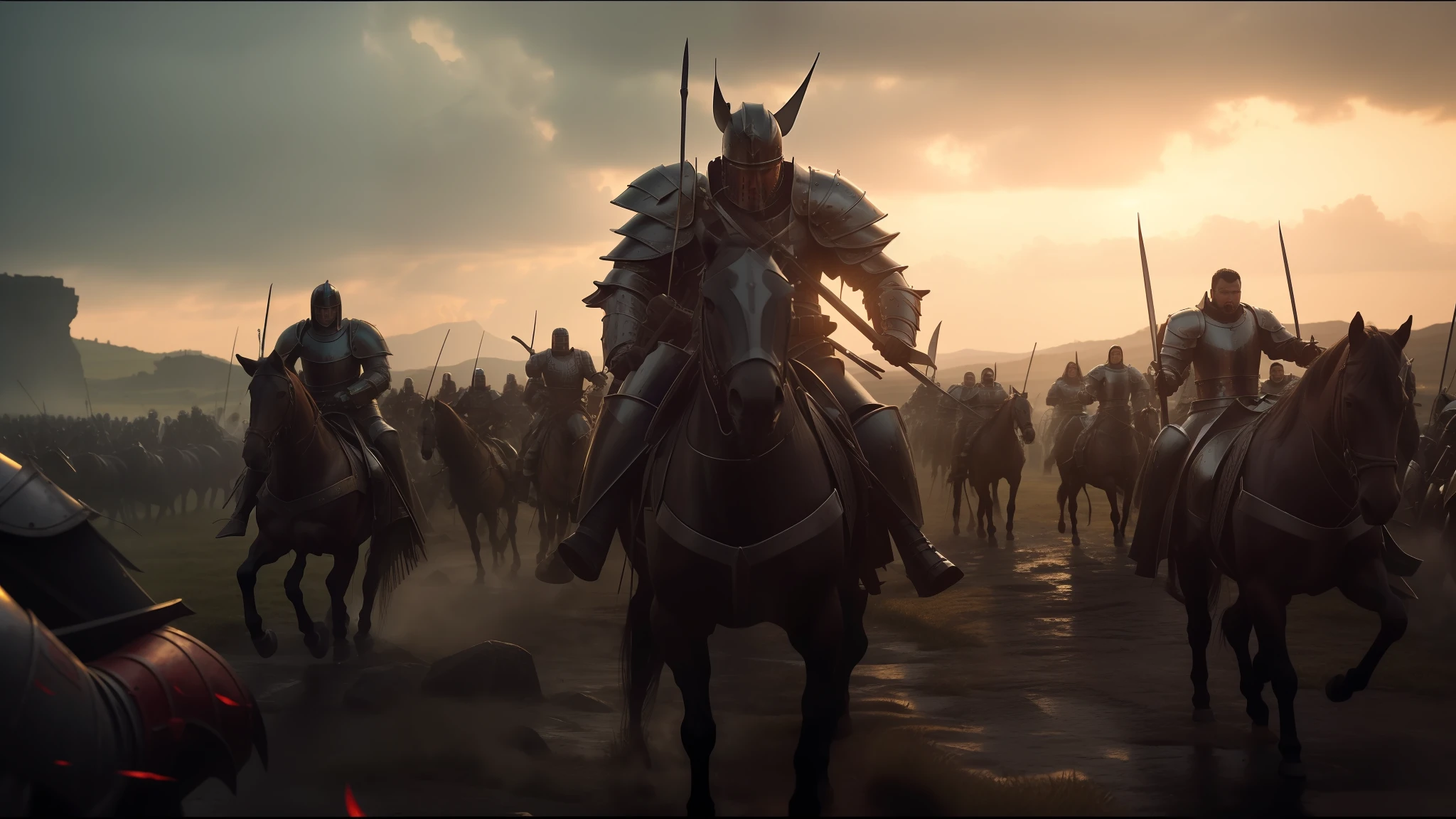 arafada image of a group of men in armor with swords, horses, cinematic panoramic plane, by Karel Havlíček, rows of razor-sharp teeth, 3D cinematic lighting, inspired by István Szőnyi, rain of blood, standing on the battlefield, by Ivan Meštrović, promotional rendering