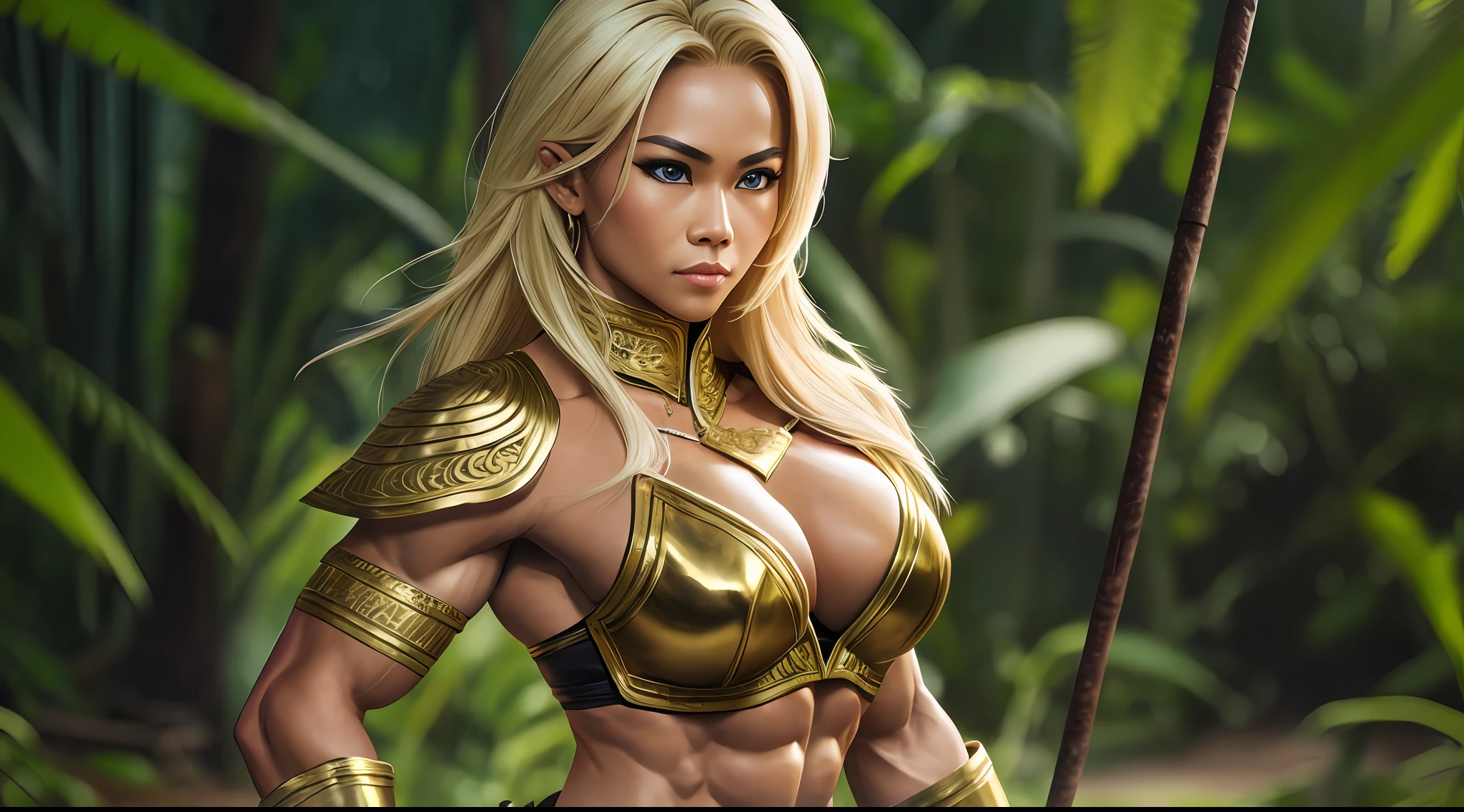 Thai warrior woman, blonde hair, shiny hair, bodybuilder physique, super fit, muscular, wearing leather outfit, full body, at the jungle, realistic, photograph, 8k, super detail, accurate, best quality, award winning, HD, high details, textured skin, masterpiece --auto --s2