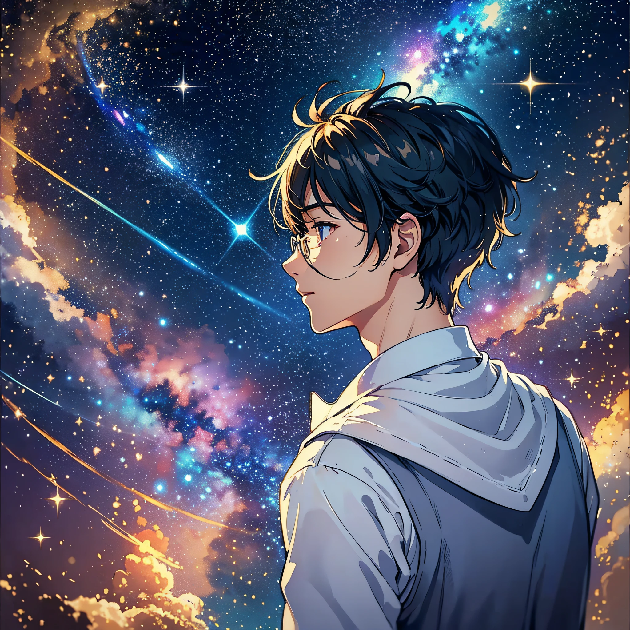 (Masterpiece:1.2), Best illumination, Dazzling starry sky, Mesmerizing boy's back, Lens refracted light: 0.9, watercolor and photo style, Deep, lonely, a piece of tranquility, High resolution, dynamic scene, (1 male), Romance and hope under the night sky, Stellar Glare, Time Travel Effect, Twinkling Stars, Gorgeous background, Total sensory effect is super. --auto --s2
