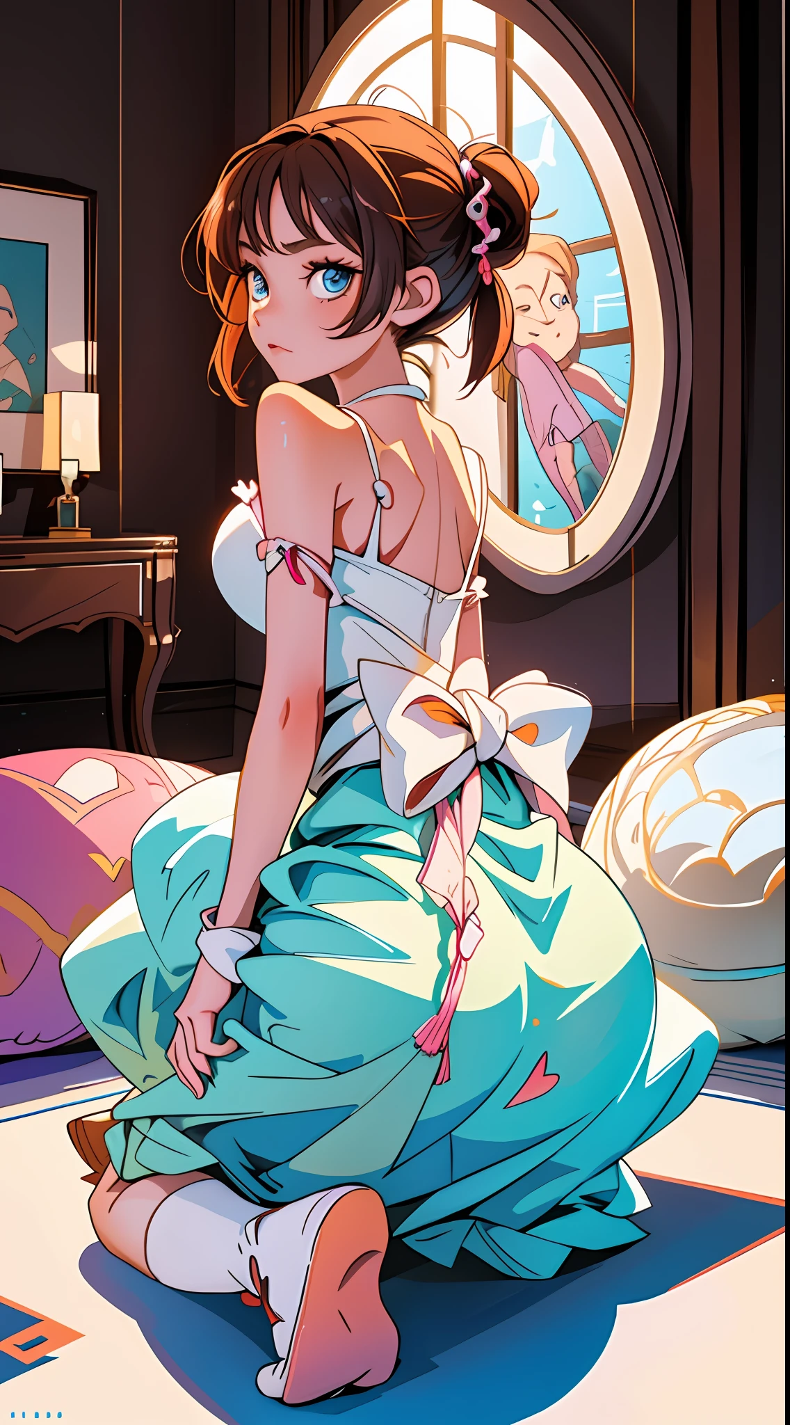 (Ultra Real), (Illustration), (High Resolution), (8K), (Very Detailed), (Best Illustration), (Cute Double Eyes), (Best Quality), (Super Detailed), (Masterpiece), Solo, 1 Girl, Japanese Room, Futon, Back View, Kneeling, Crawling on All Fours, Raised Butt, Big Ass, Transparent Dress, Small Dress, Crystal Clear White, 22 years old.