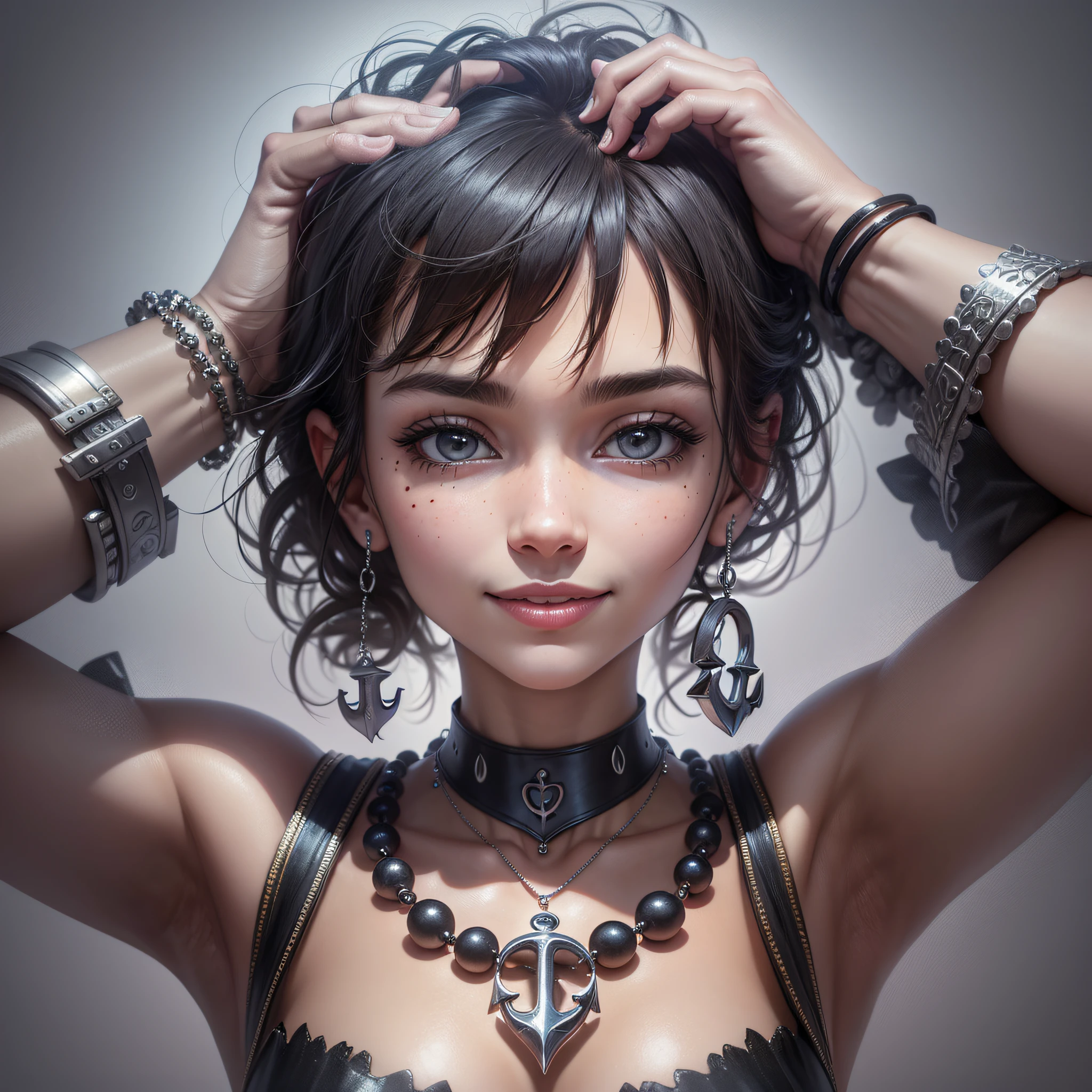 bead necklace, anchor choker, mole under mouth, smile, Surrealism, drop shadow, atmospheric perspective, 8k, super detail, ccurate, best quality, 1080P, 1080P, textured skin, super detail, anatomically correct, masterpiece, retina, UHD, high details, high quality, award winning, best quality, highres --auto --s2