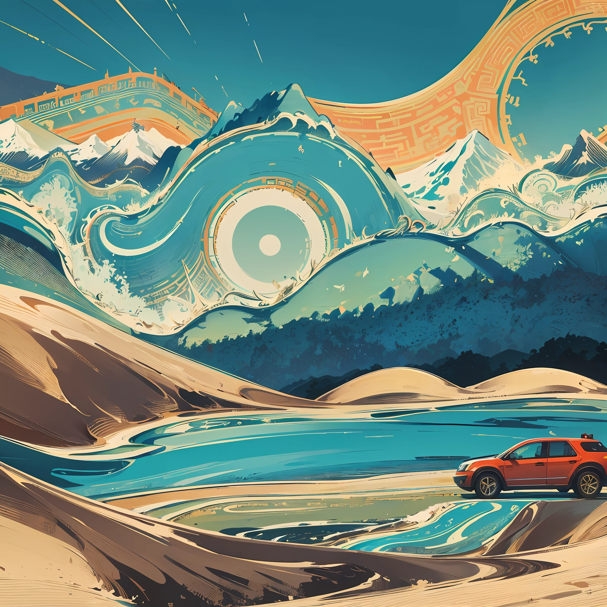 Title: 50th Anniversary Journey
Theme: Journey through Guangxi, Tibet, and Xinjiang
Image: An illustration of a person driving on the G219 National Highway
Background: Represent Guangxi, Tibet, and Xinjiang with iconic landscapes, such as:
Guangxi: Include landmarks like Elephant Trunk Hill, Guilin's Karst Mountains, Longji Rice Terraces, etc.
Tibet: Include landmarks like Mount Everest, Potala Palace, Namtso Lake, etc.
Xinjiang: Include landmarks like Tian Shan Mountains, Taklamakan Desert, Kanas Lake, etc.
Highlight Geological Features: Emphasize the unique geological features of each region (e.g., mountains, rivers, lakes, canyons) in the background.
Cultural Elements: Add some cultural elements representing Guangxi, Tibet, and Xinjiang, such as traditional costumes, architecture, customs, etc., in the illustration.
Colors: Use vibrant and energetic colors to highlight the joy and vitality of the self-driving journey. --auto --s2