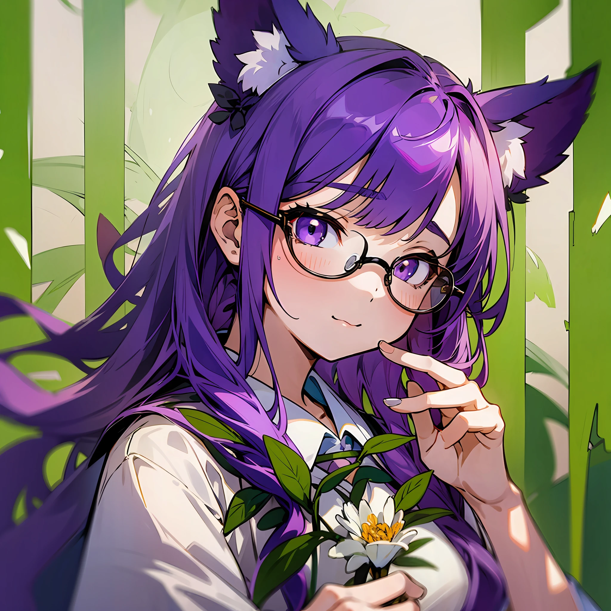 Japanese school uniform, animal ears, purple hair, young girl, two-dimensional beautiful girl, cute, virginity
Melon seed face hand on chin glasses with jasmine blooming around Purity --auto --s2