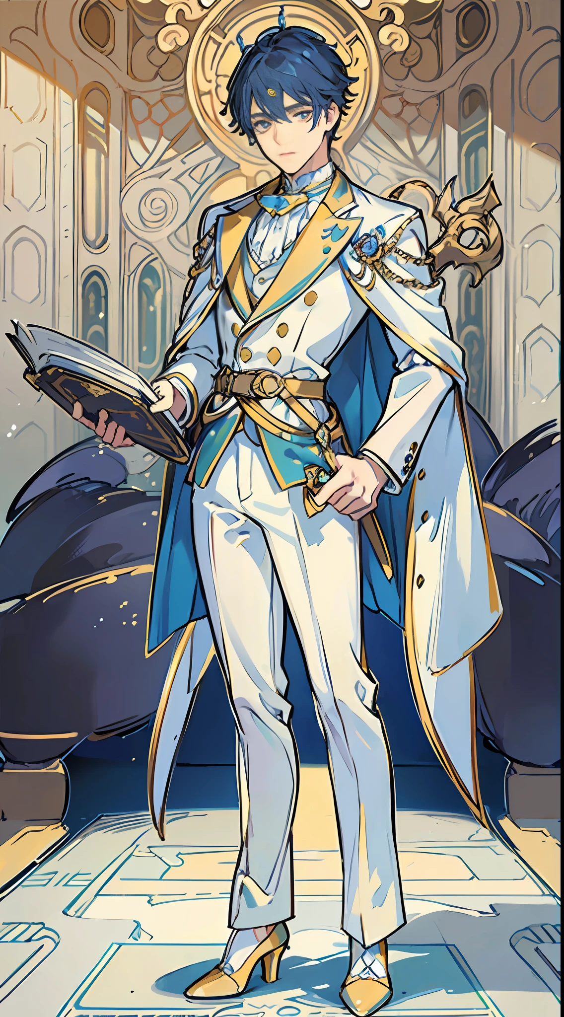 (A man, beautiful boy, Victorian style: 1.2, British background, city, high picture quality, cold and proud expression, blue hair: 1.1, yellow pupils, oblique bangs, elegant + beautiful: 1.2, high heels, delicate face, full body portrait, suit)