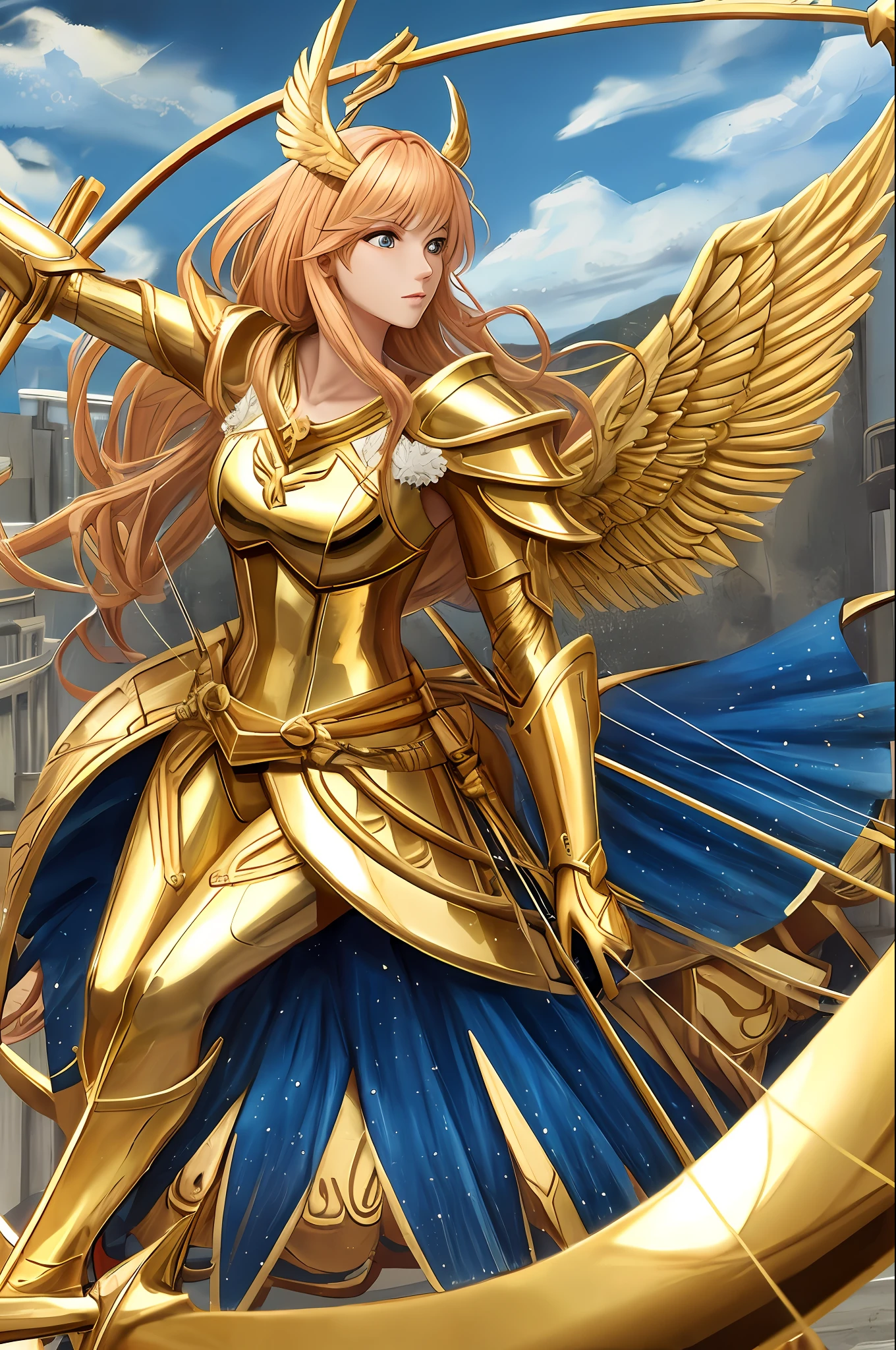 Sagittarius, goddess, surreal, golden armor, bow and arrow, wings, wheel