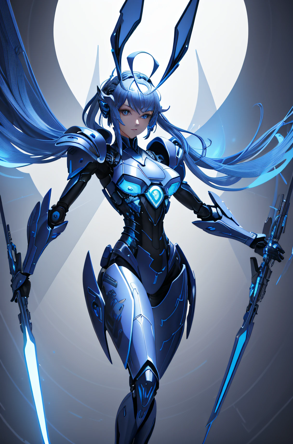 "An ultra-detailed and high-resolution masterpiece of CG unity 8k wallpaper, showcasing a stunning and dynamic shot of a solo female figure in blue futuristic armor, accentuated by sleek metal antennas that give the appearance of rabbit ears."