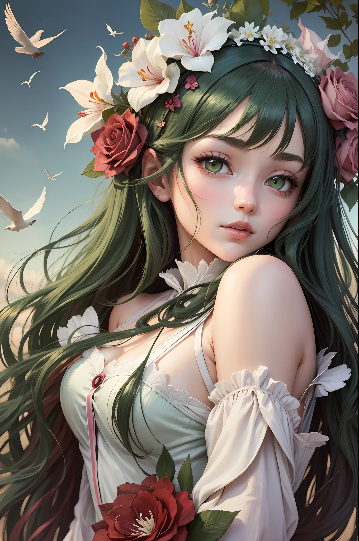 Anime girl as a Botticelli model, dark green eyes, burgundy roses, white lillies, birds of clothing --auto --s2