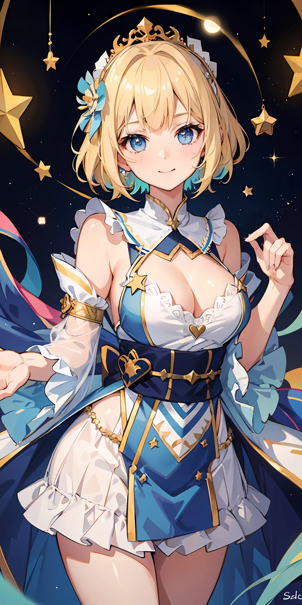 1girl, bright, blonde, light blue eyes, heart motif, star, moon, short hair, uniform bangs, multicolored hair, princess, saleme, side lights, light particles, wallpaper, big, plump, idol, idol costume, cute costume, amazing costume, kimono, loose fluffy, smile, gentle, clear, loli, sexy, ha, chest, cleavage