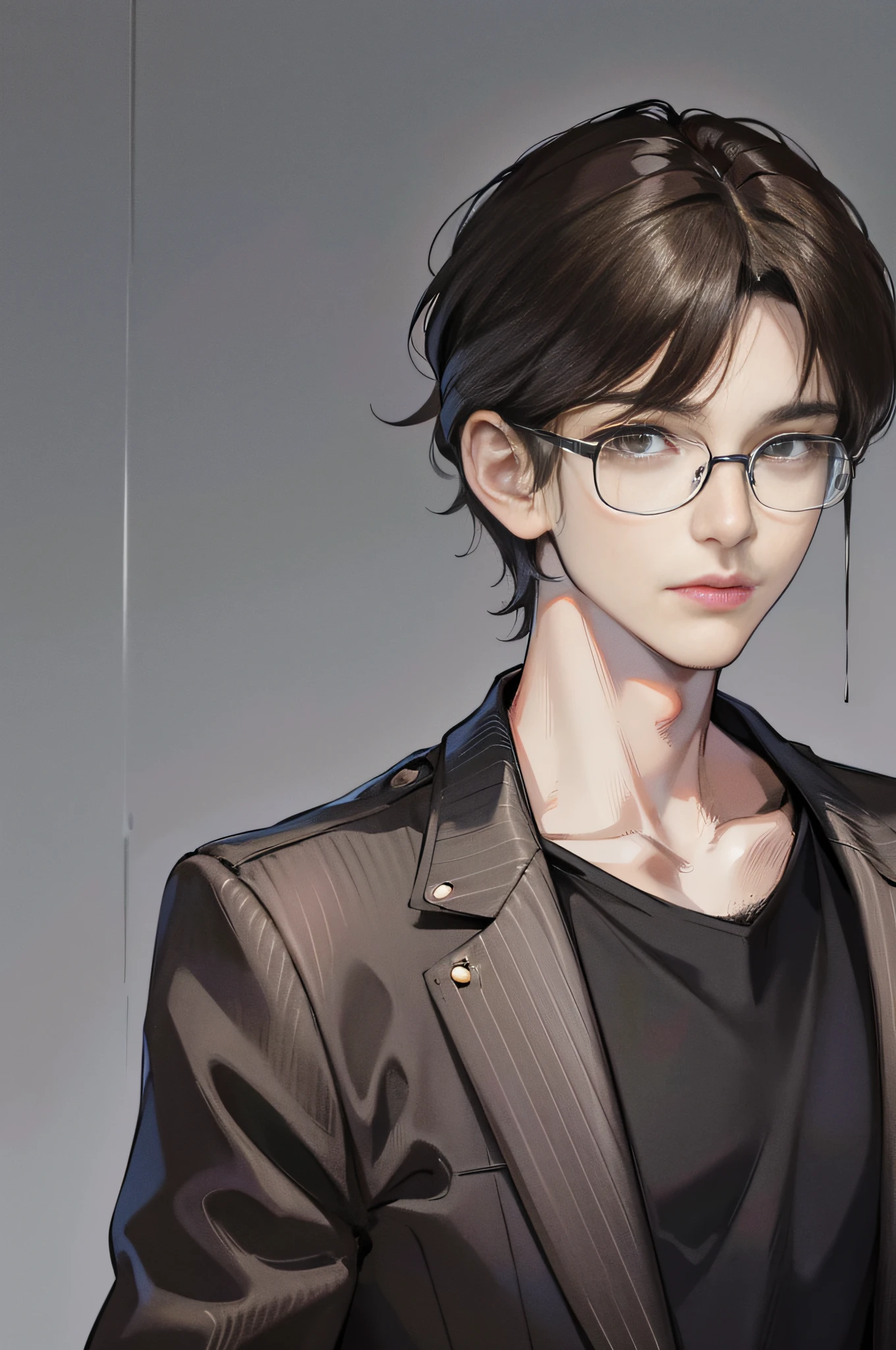 (highest resolution, distinct_image), brown pupils, brown eyes, wearing glasses, best picture quality, male god masterpiece, high detail, semi-realistic, short black hair, black hair, bangs, 18 years old, mature, young, urban elite, tall, suit, solid color background, cold, tall handsome, authoritative, powerful, delicate facial features, delicate facial features, sad atmosphere, simple background, upper body