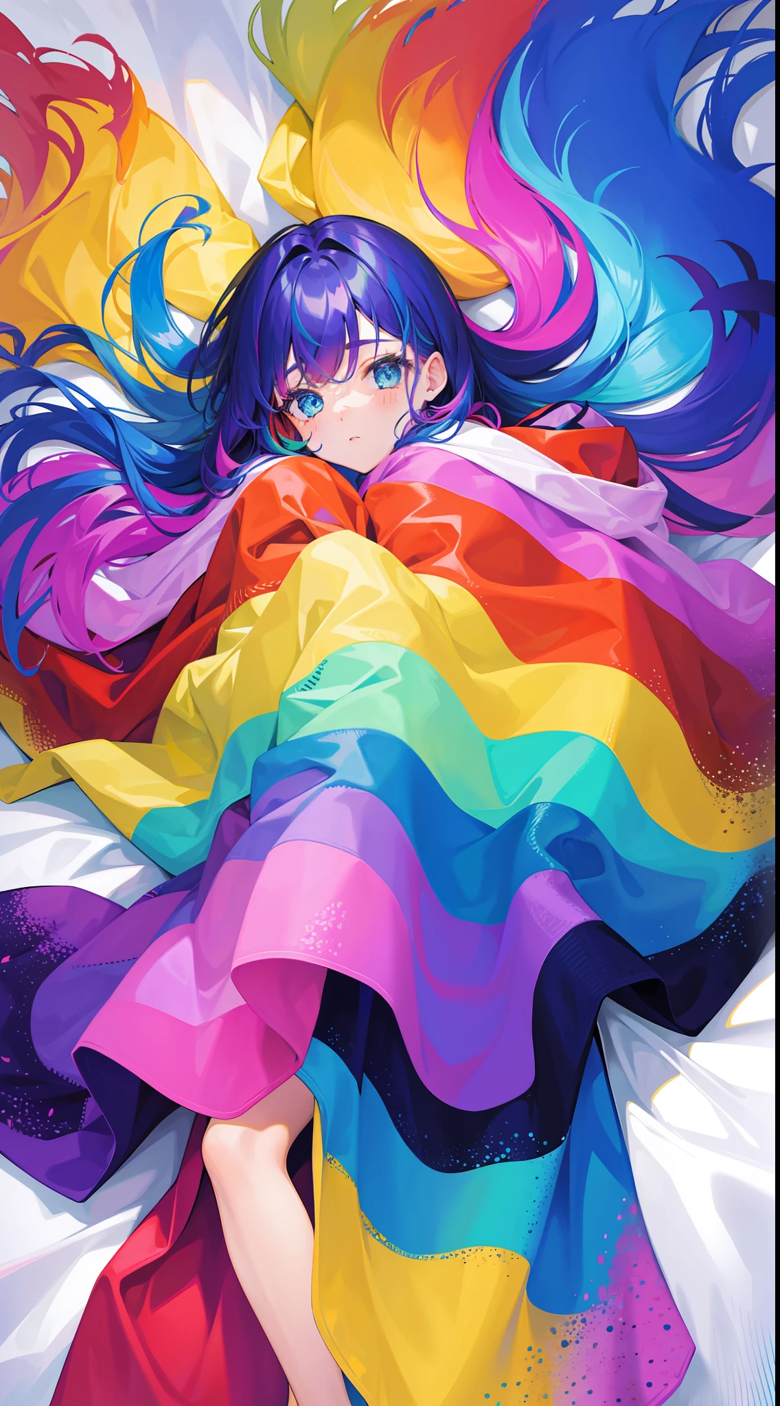 The girl puts her hands on colorful blankets, colorful hair, colorful clothes, colorful clothes, colorful stuffed animals, color splashes, color explosions