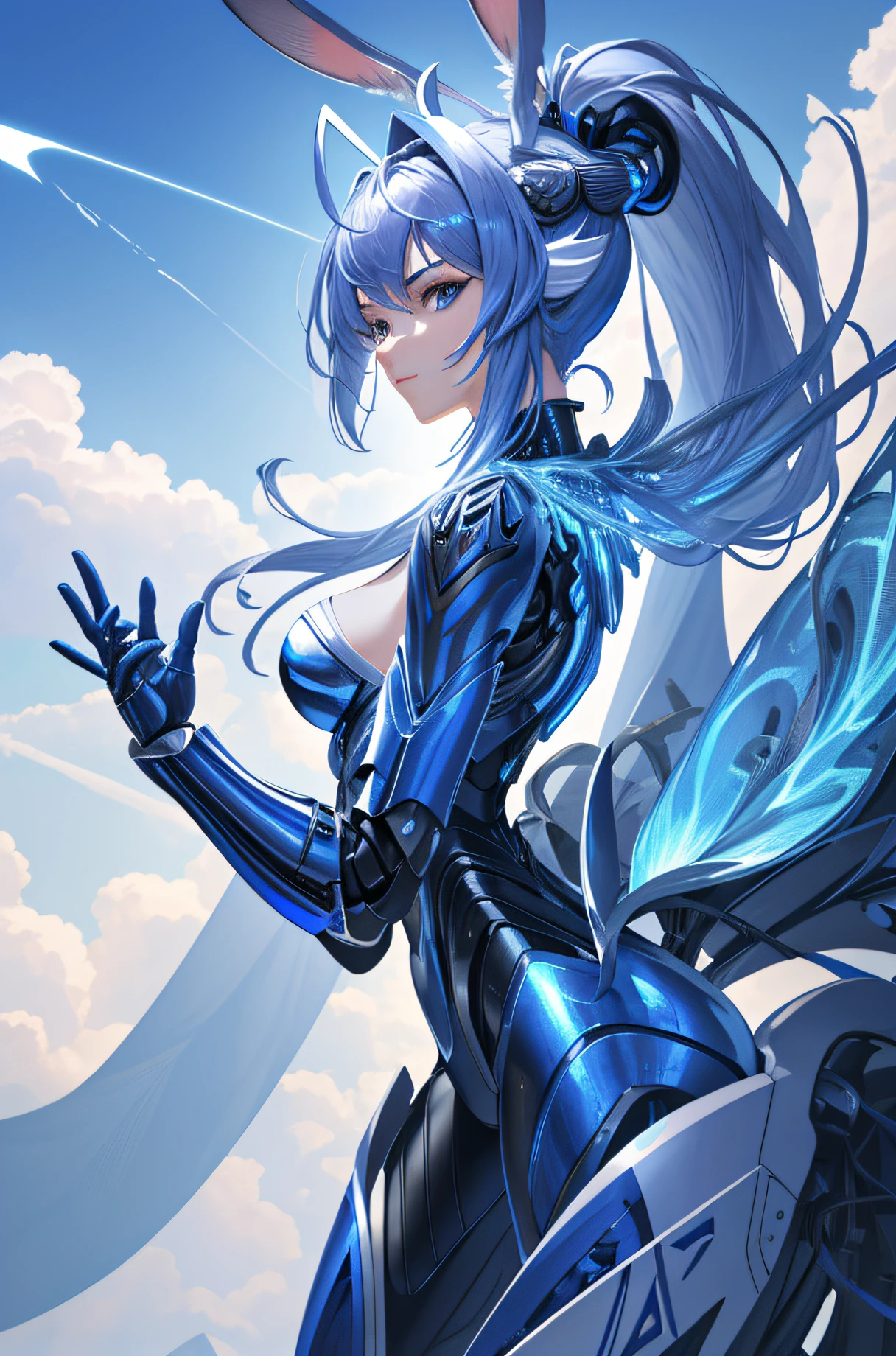 "An ultra-detailed and high-resolution masterpiece of CG unity 8k wallpaper, showcasing a stunning and dynamic shot of a solo female figure in blue futuristic armor, accentuated by sleek metal antennas that give the appearance of rabbit ears."