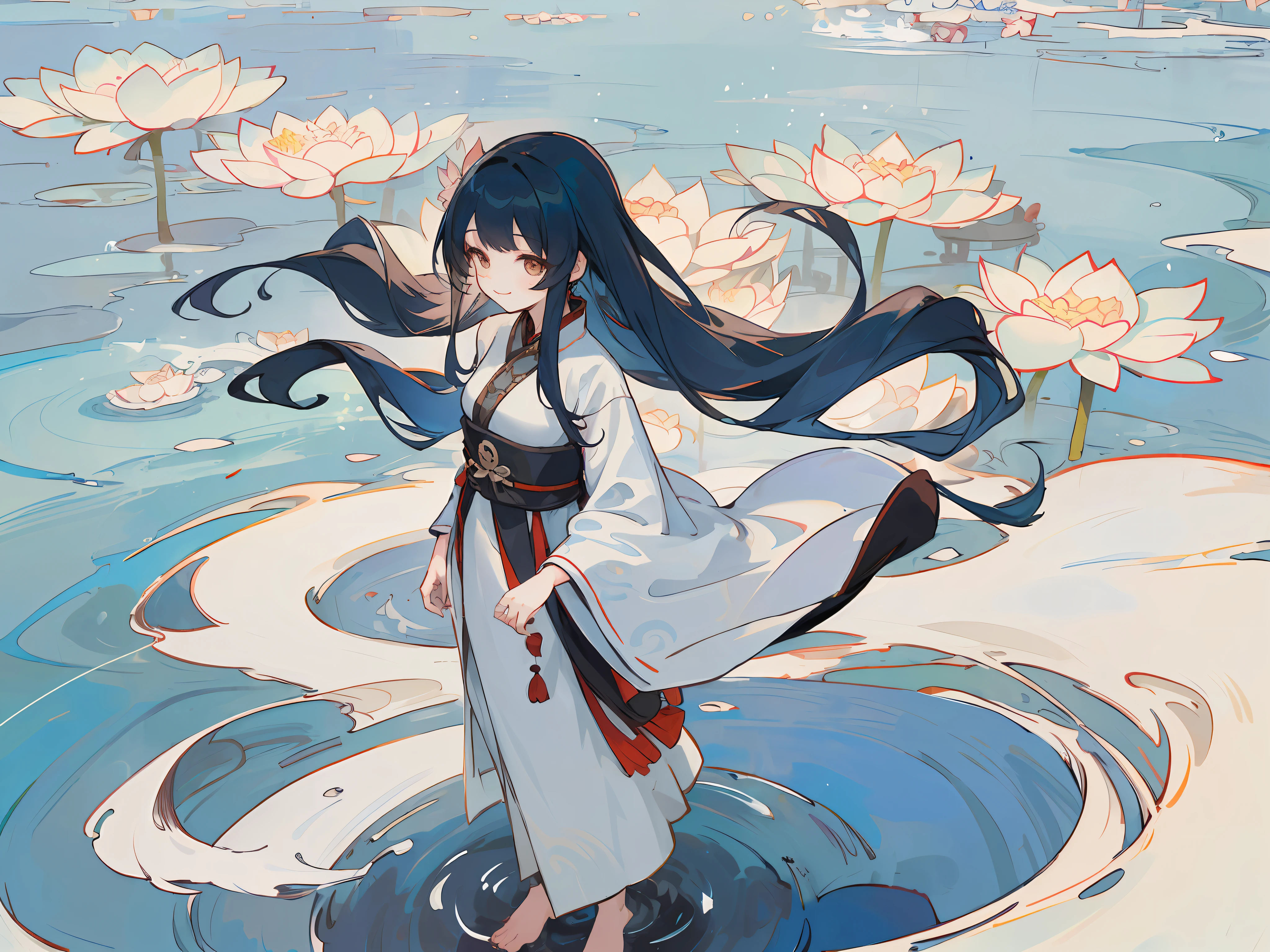 ((4k,masterpiece,best quality)), shuimobysim, traditional chinese ink painting, lotus, hanfu, maxiskit, dress conservatively 1girl, solo, long blue hair, smile, standing, feet in the water, barefoot,