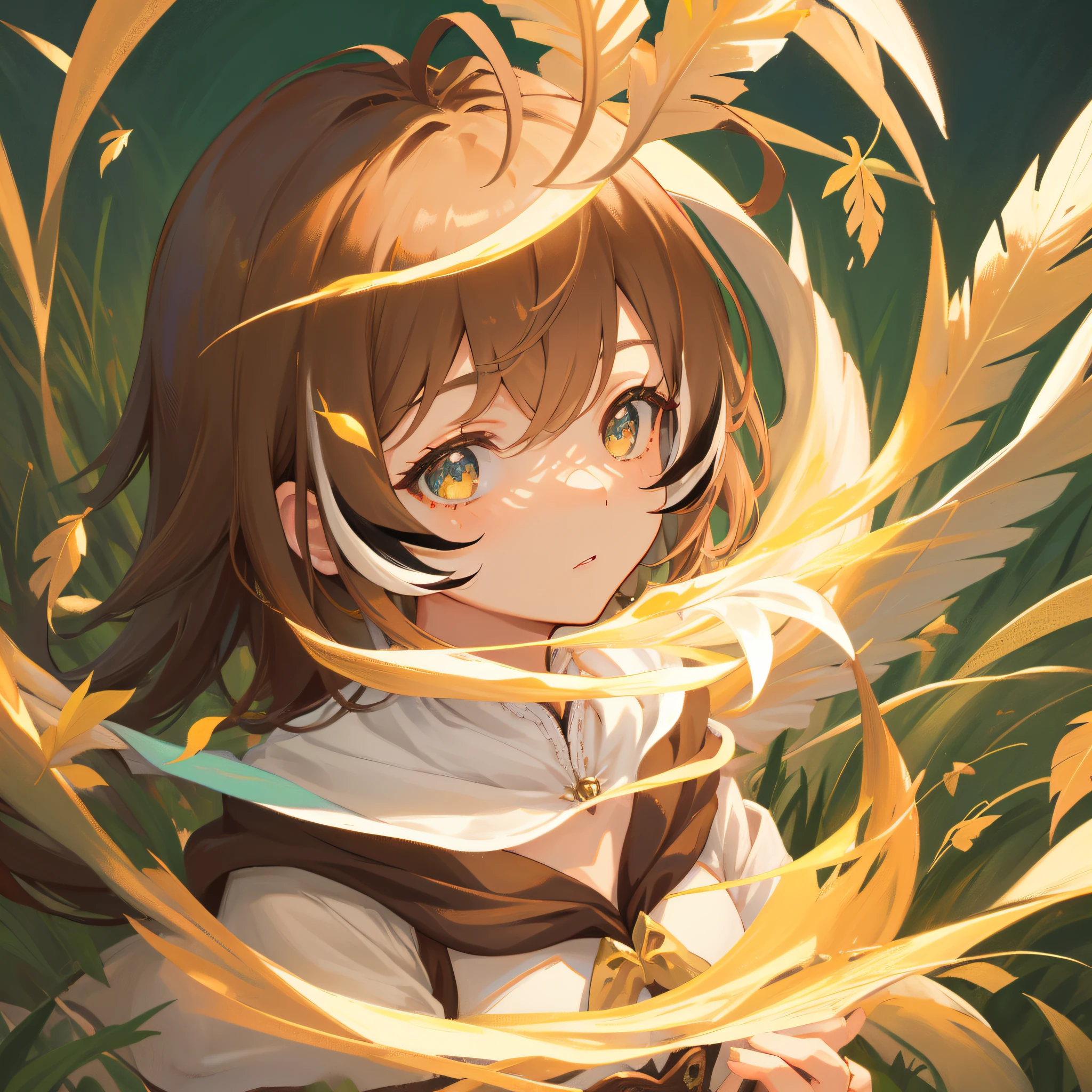 (人物: Nanashi Mumei), {brown hair}, (masterpiece:1.2), 1girl, solo, best quality, shiny skin, hyper detailed ultra high res, cute, looking at viewer, extremely detailed wallpaper, close up portrait, (detailed light) , feather, leaves, nature, (sunlight), river, (forest),(bloom)