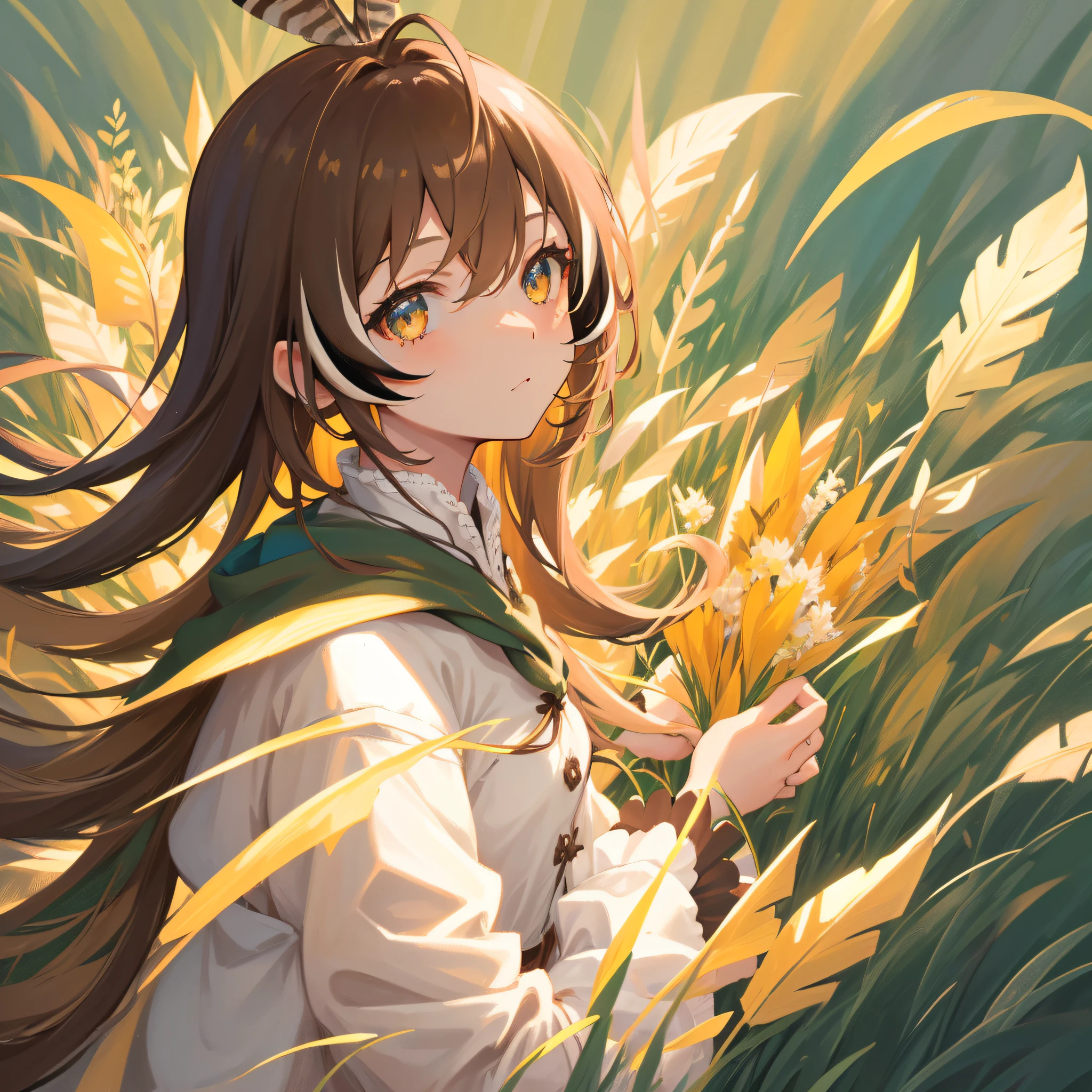 (人物: Nanashi Mumei), {brown hair}, (masterpiece:1.2), 1girl, solo, best quality, shiny skin, hyper detailed ultra high res, cute, looking at viewer, extremely detailed wallpaper, close up portrait, (detailed light) , feather, leaves, nature, (sunlight), river, (forest),(bloom)