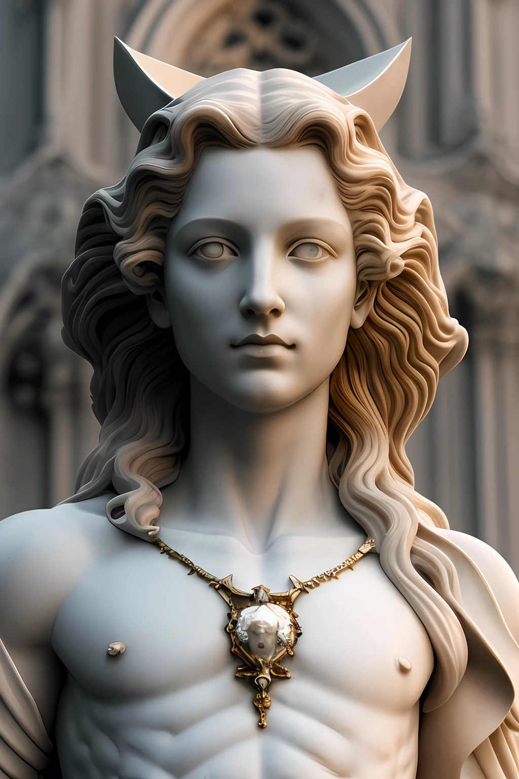 Medusa, hair composed of pink snakes, reddish white eyes, ultra-detailed sea surface, skulls in the reflection of her eyes, background of white stone statues of muscular and mature men, expression of anger and hatred, symbol of the feminine in the center, well-structured female body, golden jewels all over her body