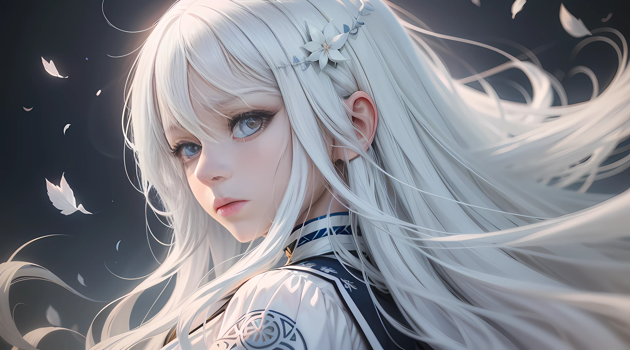 anime girl with long white hair and blue eyes staring at something, girl with white hair, flowing white hair, perfect white haired girl, ray of light through white hair, white haired, detailed portrait of anime girl, white haired deity, profile of anime girl, beautiful anime portrait, detailed digital anime art, anime girl portrait profile, white haired lady, white hair floating in air