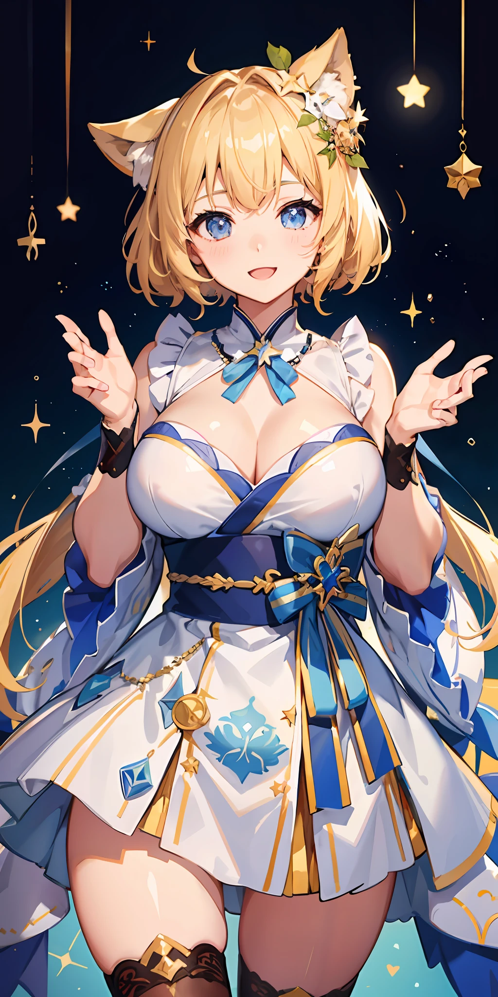 1girl, bright, blonde, light blue eyes, heart motif, star, moon, short hair, uniform bangs, multicolored hair, princess, saleme, side lights, light particles, wallpaper, big, plump, idol, idol costume, cute costume, amazing costume, kimono, loose fluffy, smile, gentle, clear, loli, sexy, ha, chest, cleavage