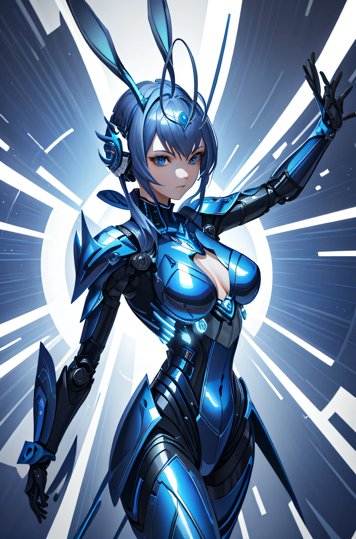 "An ultra-detailed and high-resolution masterpiece of CG unity 8k wallpaper, showcasing a stunning and dynamic shot of a solo female figure in blue futuristic armor, accentuated by sleek metal antennas that give the appearance of rabbit ears."