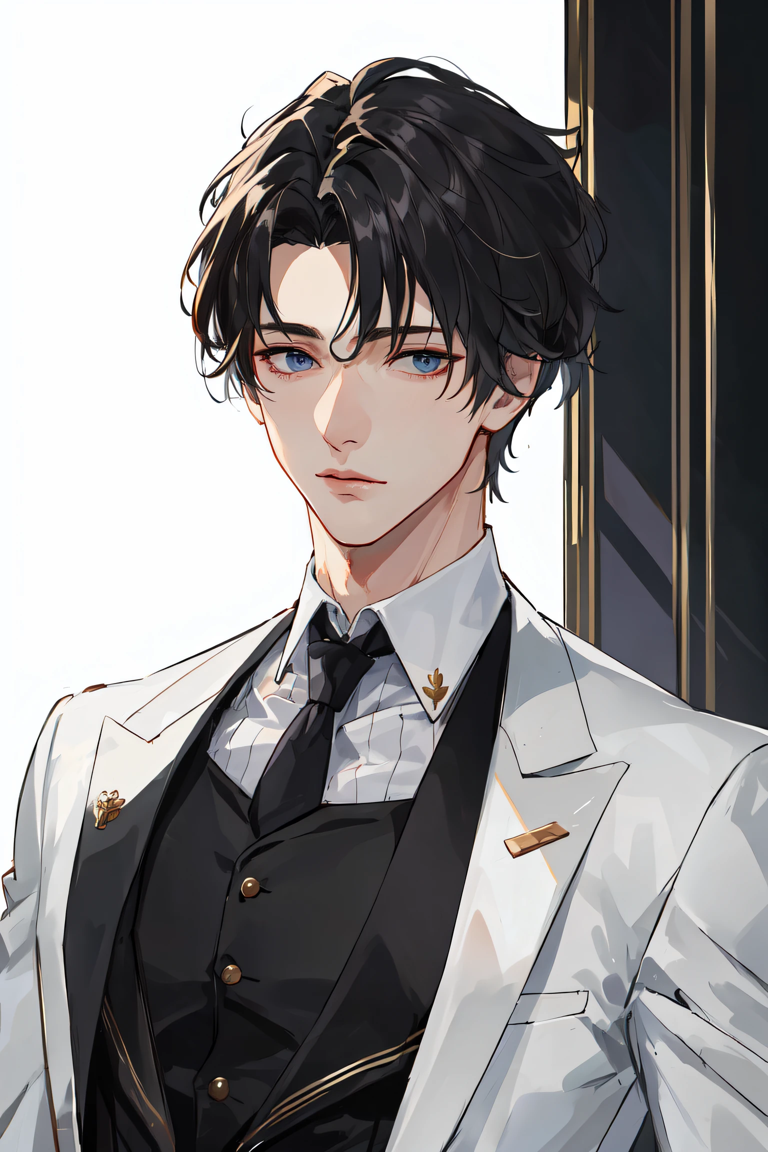 ((masterpiece:1.2, best quality)), 4k, 1man, adult, mature, handsome, very short hair, forehead, white suit, portrait, extremely detailed face, (muscle:1.4, broad shoulders:1.4, disciplined body)