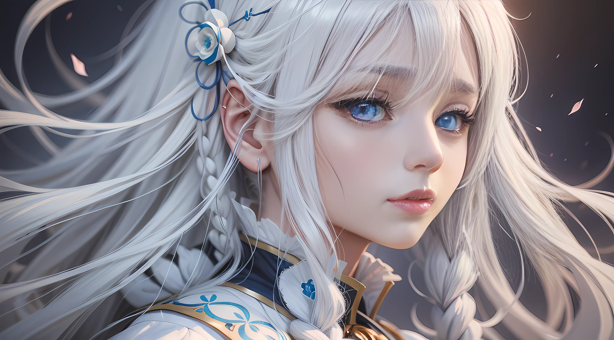 anime girl with long white hair and blue eyes staring at something, an anime drawing inspired by Li Chevalier, pixiv, digital art, girl with white hair, flowing white hair, perfect white haired girl, ray of light through white hair, white haired, detailed portrait of anime girl, white haired deity, profile of anime girl, beautiful anime portrait, detailed digital anime art