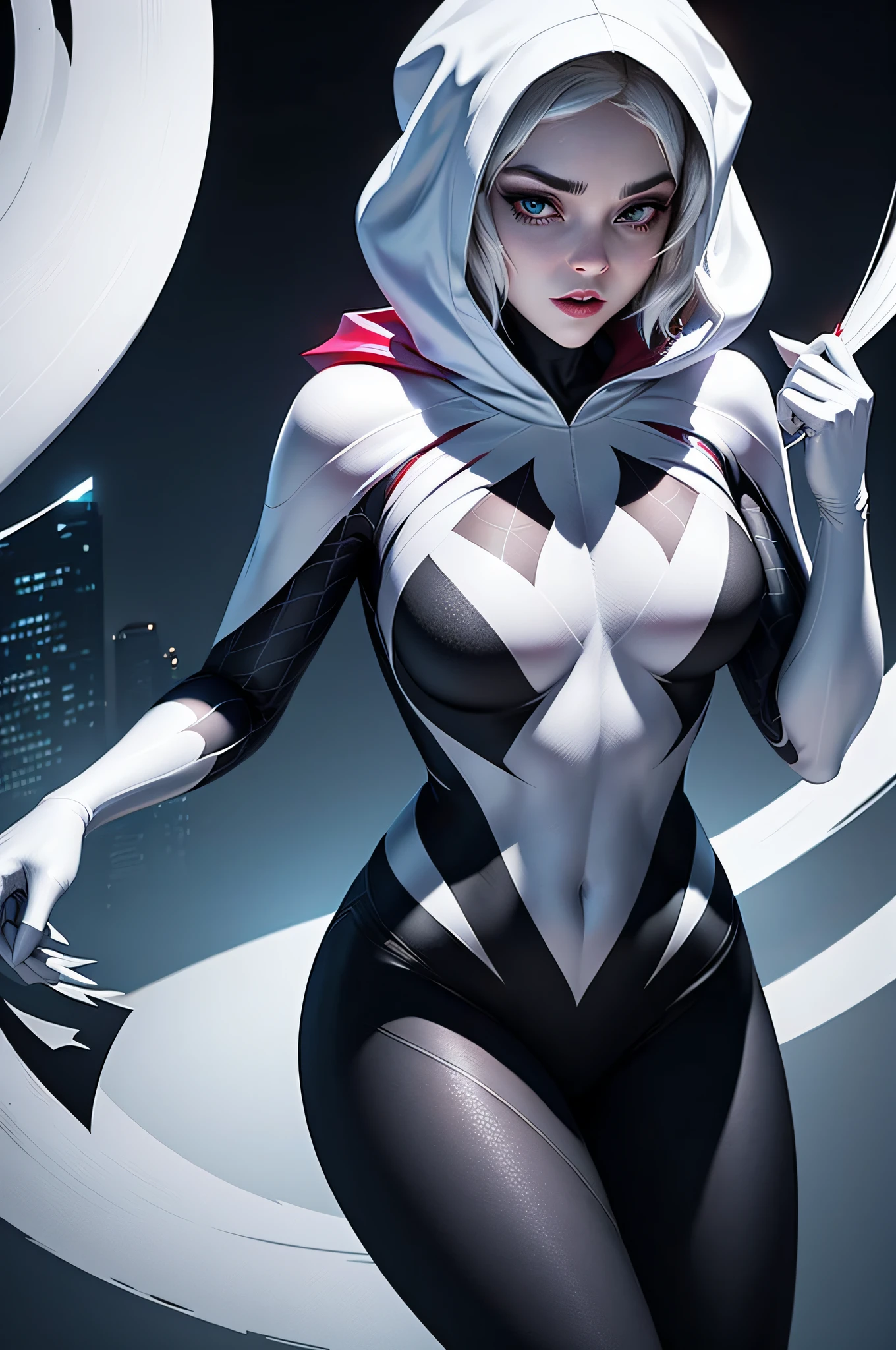 ghost spider, gwen in a black outfit with spider in the center of his chest in white, organic looking outfit, gooey forehead, symbiote, white eyes, fine art, ps5 cinematic screenshot,highly detailed detailed cinematic rendering, ultra photorealistic raytricing, with cinematic lighting