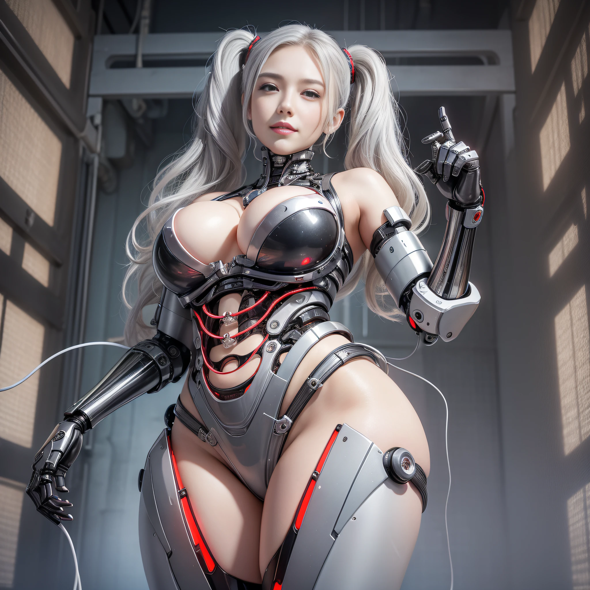 Beautiful Face,face is Japan, 1 Woman, Big, Curvaceous, (16k, RAW photo, top quality, masterpiece: 1.2), (HDR, Realistic, Photorealistic: 1.37) (tube attached to the body), (Bikini Cyborg robot parts)))), (light gray hair), Long hair, Wavy hair, Twin tails, Medium shot, ( Seductive smile)), (black eyes), princess cut,from below,(whole body),posing,,in the lab,( tube connected to blood vessel),((mechanical vertebrae attached to the back)),((mechanical neck attached to the neck)),(wire cable attached to the head and body),(character focus),science fiction,perfect female figure,perfect anatomy,ultraanatomy, Full body shot, up to 4 fingers and 1 thumb relationship,