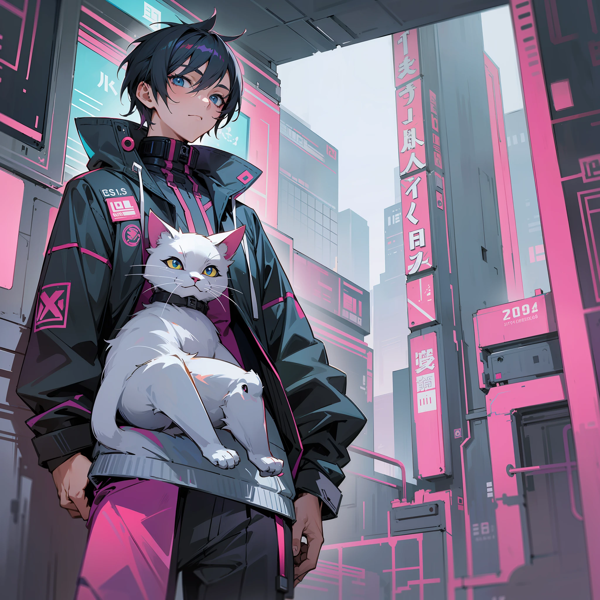 I want an anime drawing with a male holding a puppet cat in the background of a cyberpunk building --auto --s2