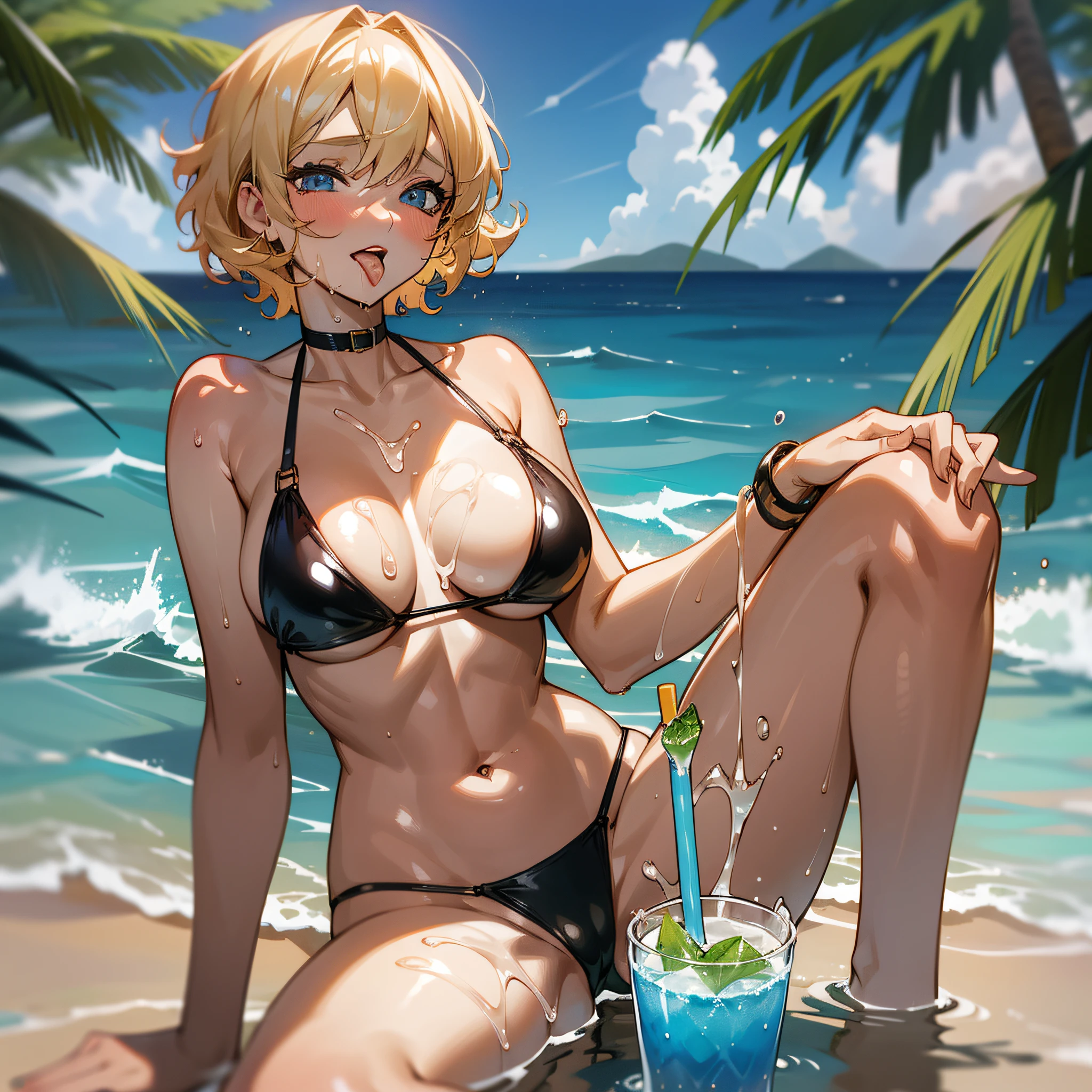 Well-structured female body, blonde, short hair, curly hair, lust, orgasmic face, black bikini, spread legs, sitting on the beach, mouth open and tongue out, girly, wet, holding a blue cold drink in her hand and the drink is poured onto her body, behind the sea and sky, all the liquid spilled from the drink