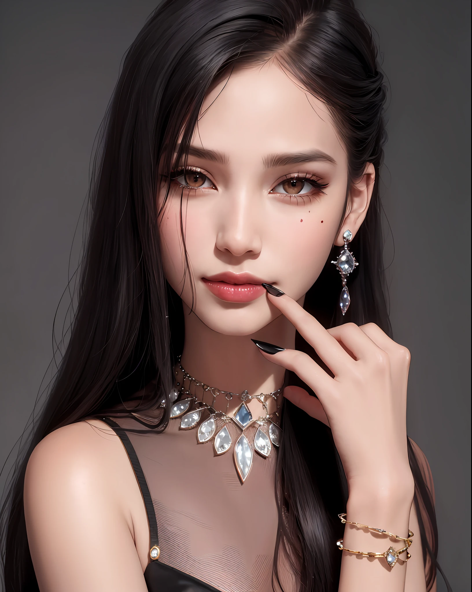 masterpiece,best quality,ultra-detailed,8K,detailed light,detailed shadow,RAW, (detailed skin),(realistic:1.2),
1girl,face,
pilyeon, black nails, jewelry, Long hair, looking at viewer, choker, necklace,piercing, white background, heart, closed mouth, grey eyes, nail polish, simple background, black hair, ear piercing, black choker, smile, eyelashes, lips, hand on own cheek, bangs, bracelet, beads, gem, earrings, fingernails