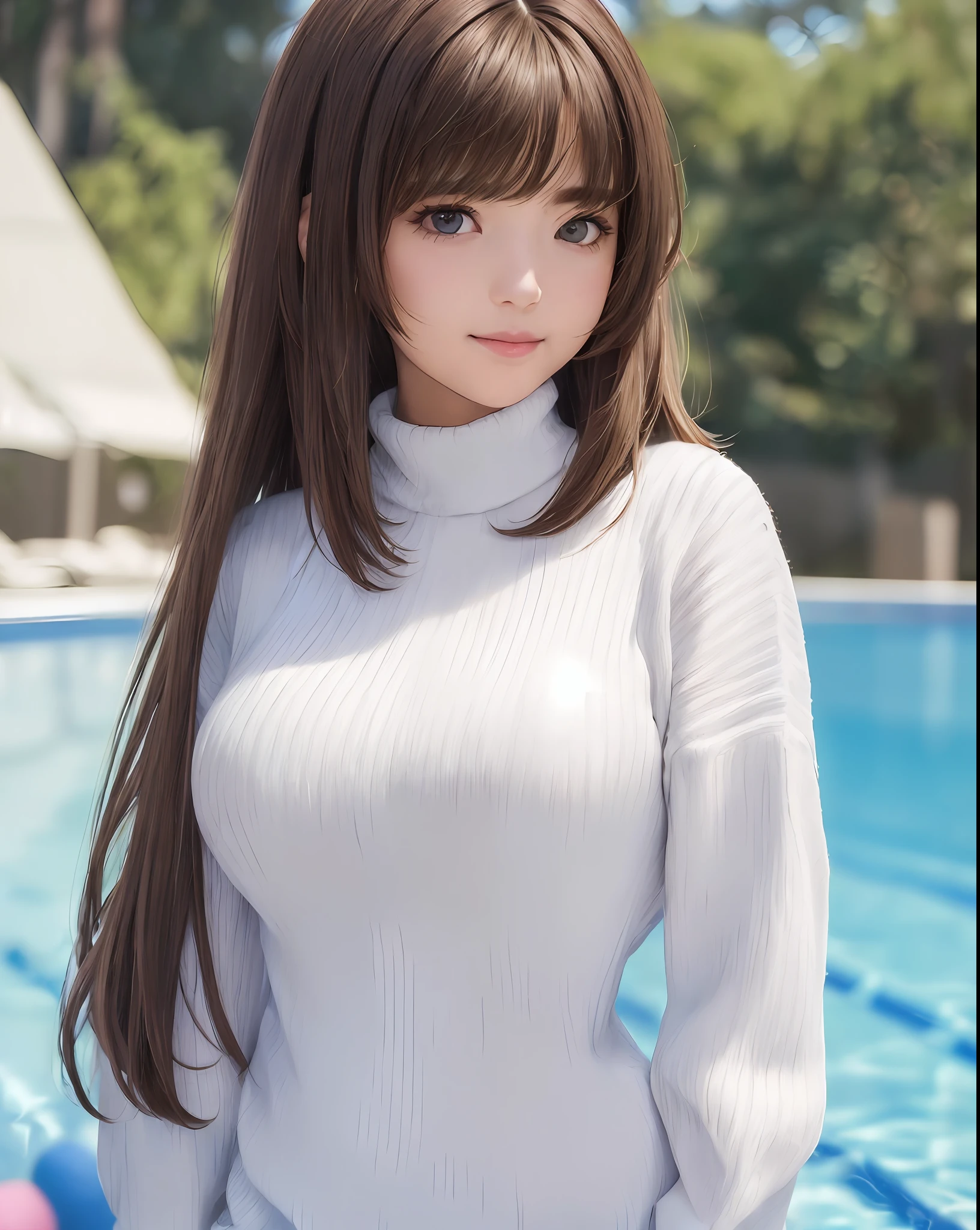 pureerosface_v1, best quality, photorealistic, 8k, high res, 1girl, woman, (skindentation), (portrait:0.6), gorgeous, dynamicpose, ((poolsidebackground:1.6)), coconut tree, ((mediumsize roundbreast, white highnecksweater:1.4)), straight-looking at viewer:1.8, (1girl eyes looking at viewer, medium-length hair,  brownhair, partedbangs:1.65), (bokeh), smile:1.2, (closed mouth:1.16),