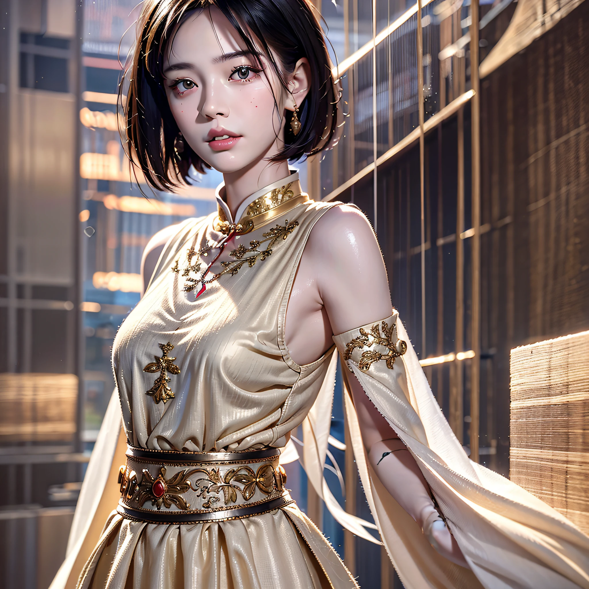 A Chinese girl 18 years old Beautiful eyes, real skin, delicate face, full body picture, white long skirt, clothing details, skin details, slim body, delicate and delicate, short hair, black hair, blunt bangs ,beauty, best quality, super detailed, masterpiece, fine detail, high resolution, 8k wallpaper, realistic details, clothing details, long skirt, skin details, photoshop \ (medium), super detailed, high resolution, extremely detailed, cinematic lighting texture, beautiful, perfect, hd