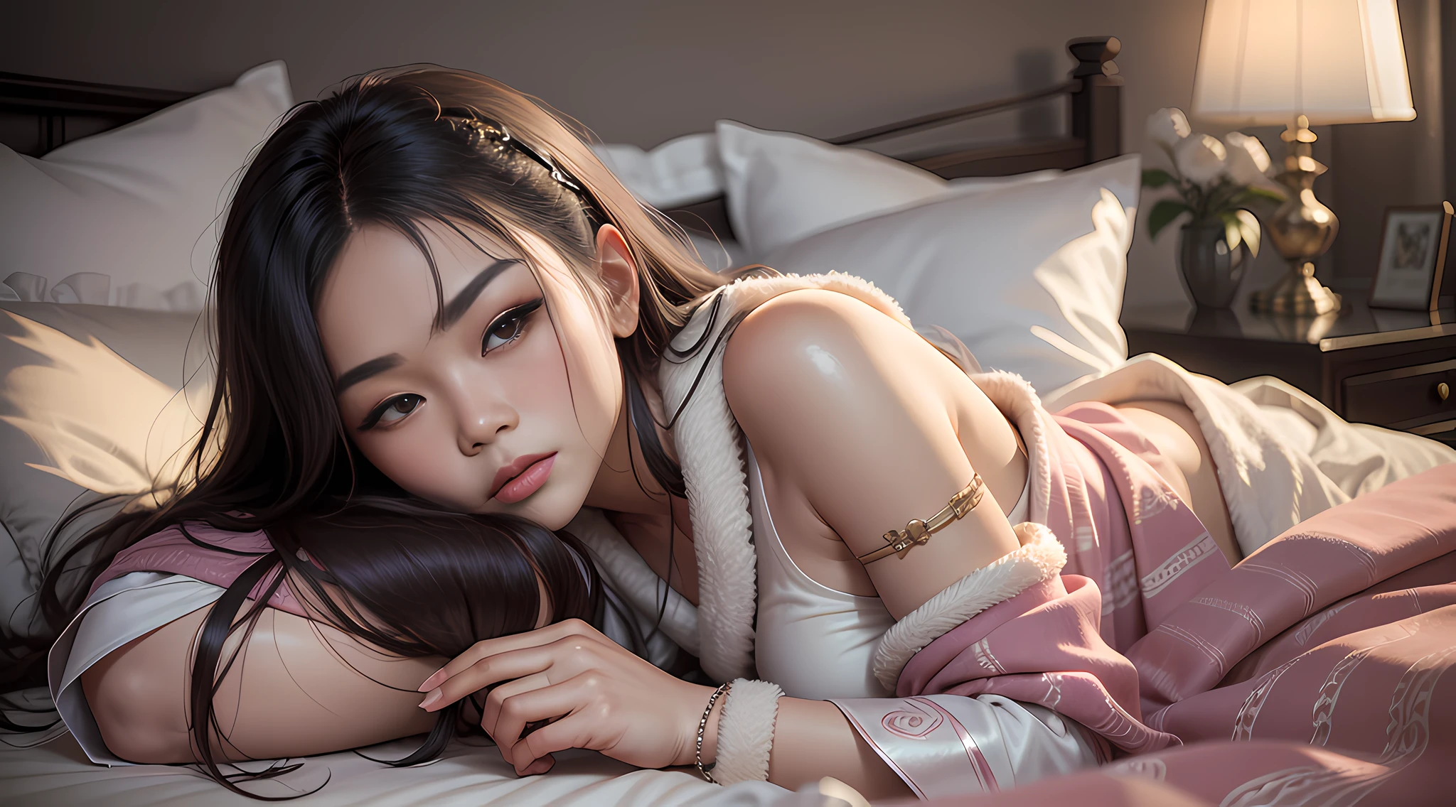Alabi asian woman lying on bed covered with blanket, realistic, aesthetic, tumblr, surrealist, lying on bed, lying on bed, reclining on bed, posing on bed, lying on bed, lying on bed, Cui Xuanhua, slender legs, lying on bed