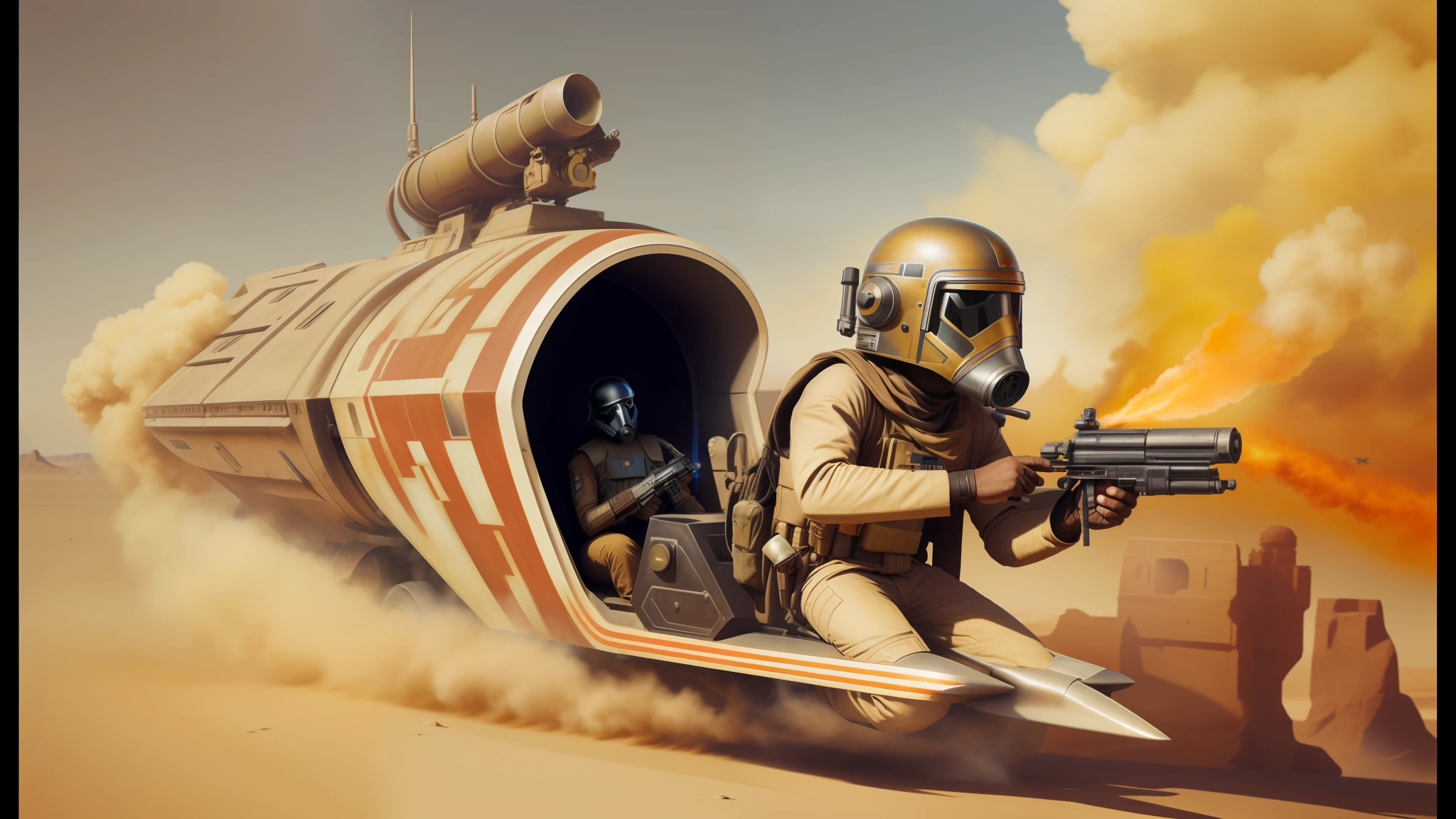 there is a man in a gas mask riding a vehicle with a gun, star wars concept art, in the style of tom bagshaw, speedy aircraft, crossing the desert, promotional images, film still from star wars, war boys, promotional render, flamethrower, winged helmet