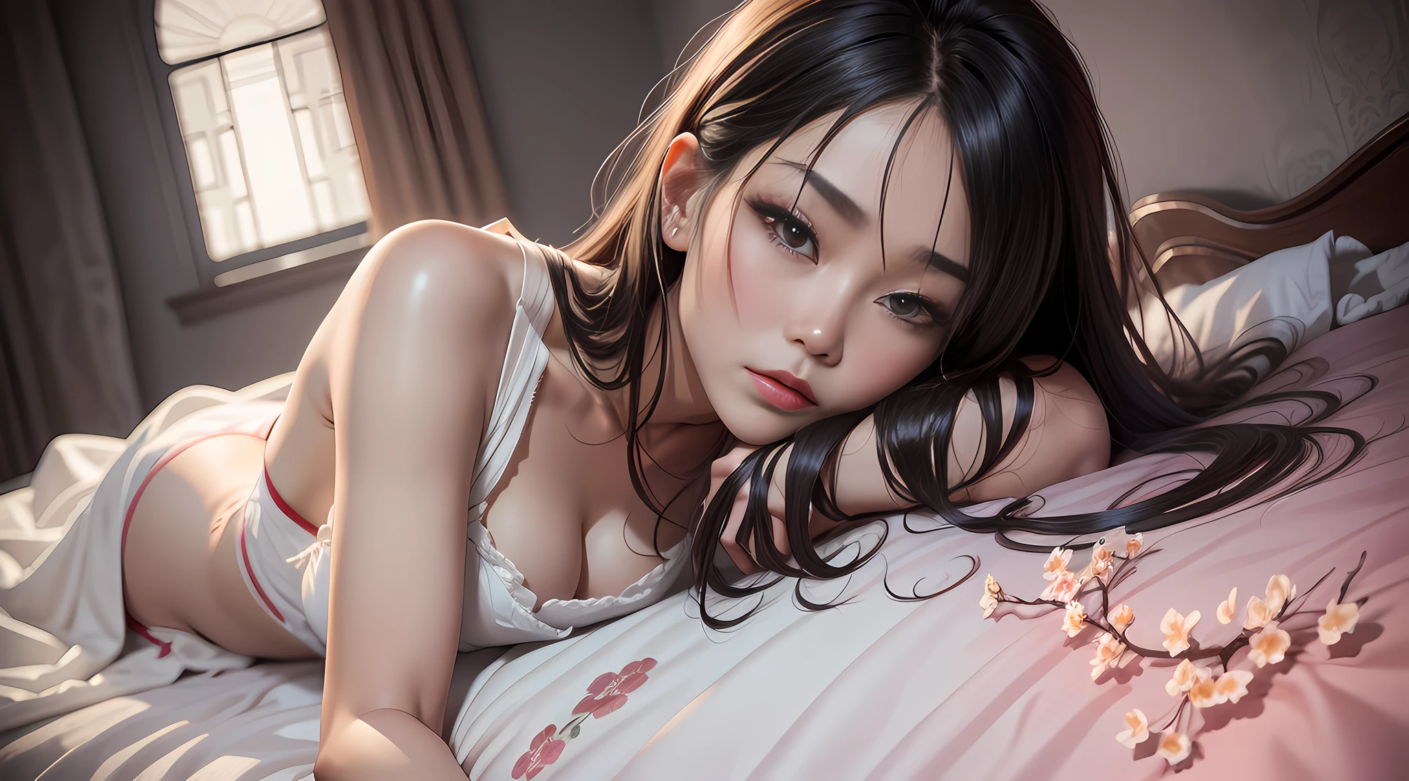 Alabi asian woman lying on bed covered with blanket, realistic, aesthetic, tumblr, surrealist, lying on bed, lying on bed, reclining on bed, posing on bed, lying on bed, lying on bed, Cui Xuanhua, slender legs, lying on bed